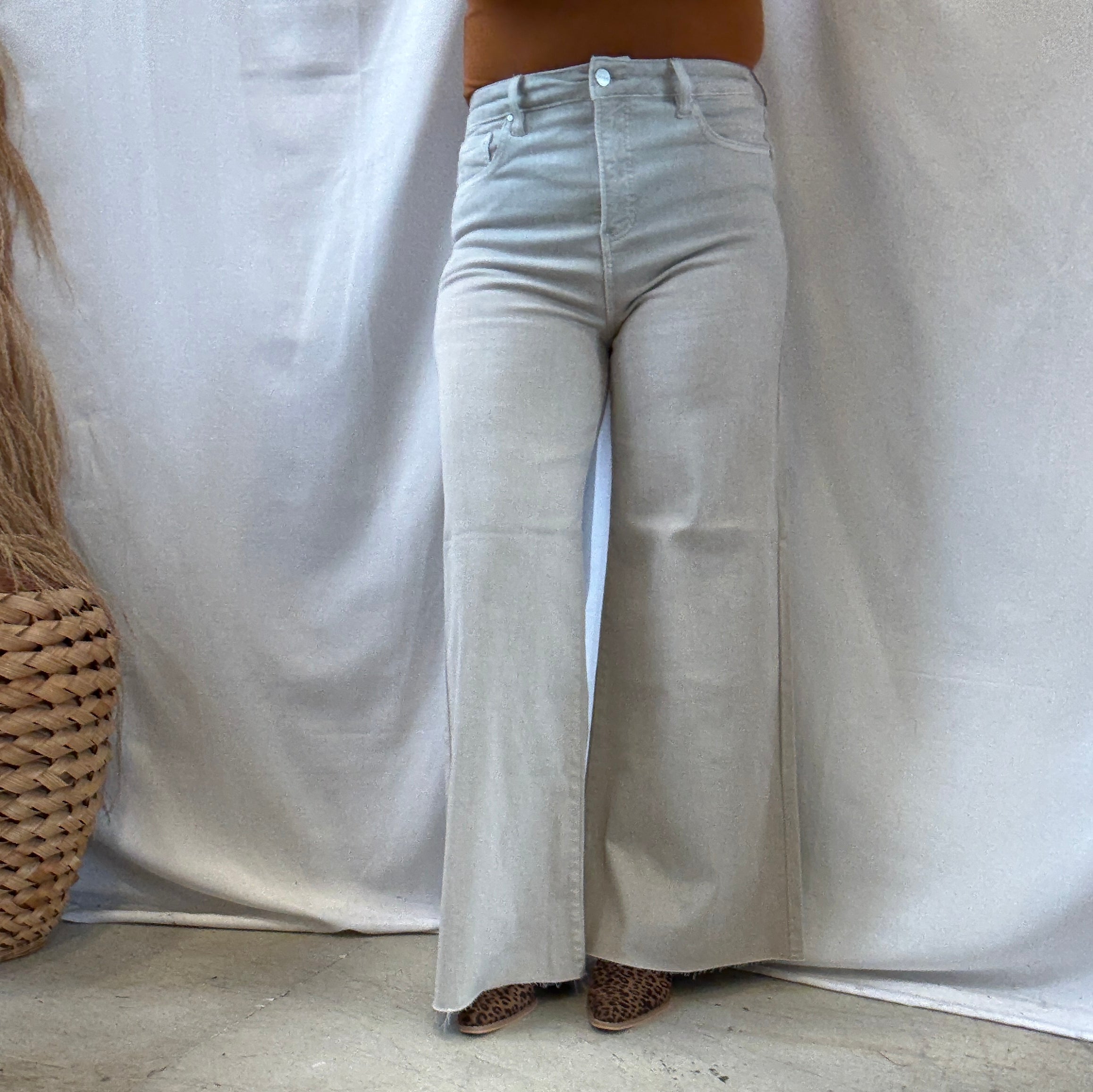 Risen Almond Palazzo Jeans-Jeans-risen-The Silo Boutique, Women's Fashion Boutique Located in Warren and Grand Forks North Dakota