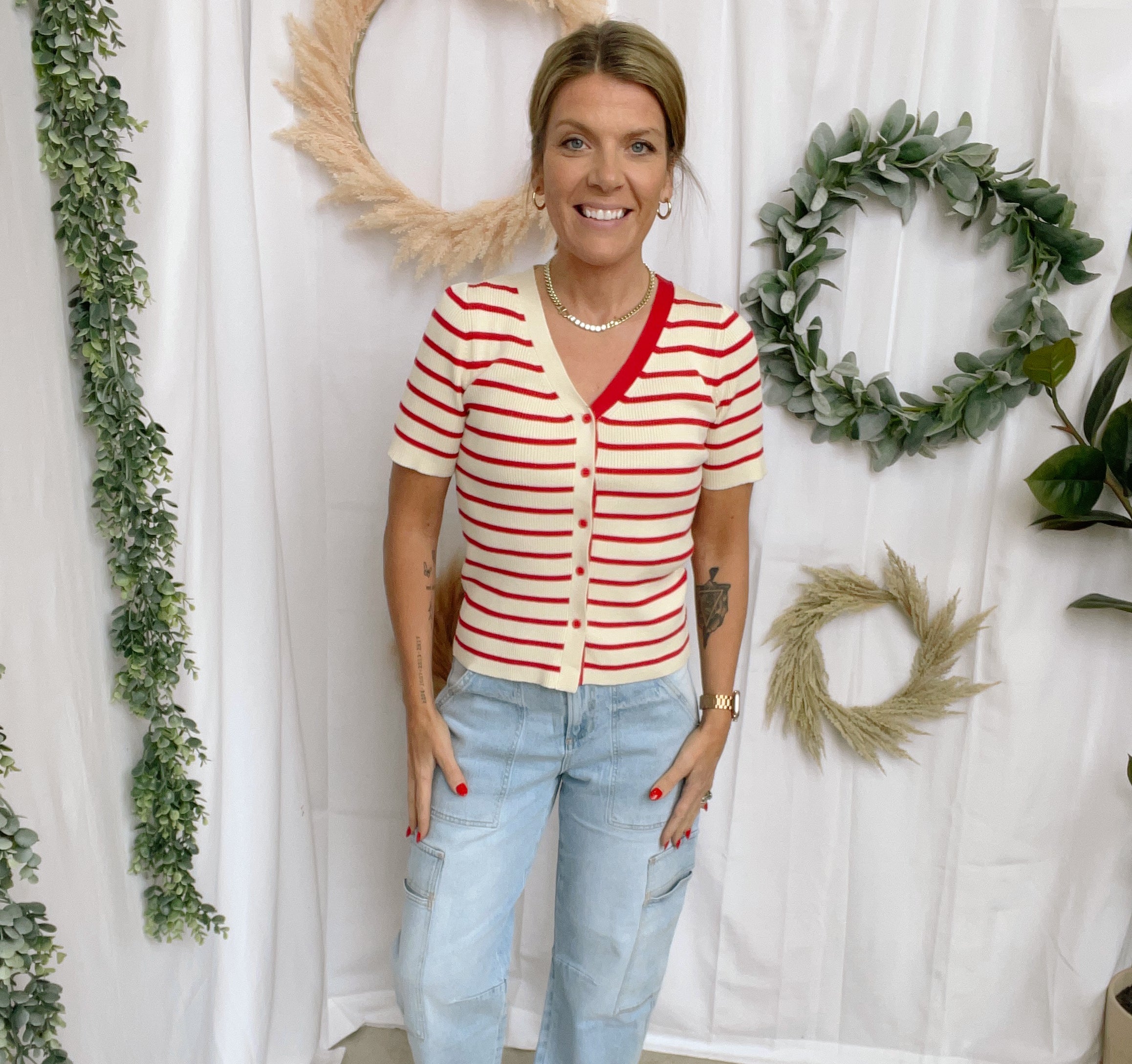 Red Stripe V Neck Button Down Top-Tank Tops-stacatto-The Silo Boutique, Women's Fashion Boutique Located in Warren and Grand Forks North Dakota