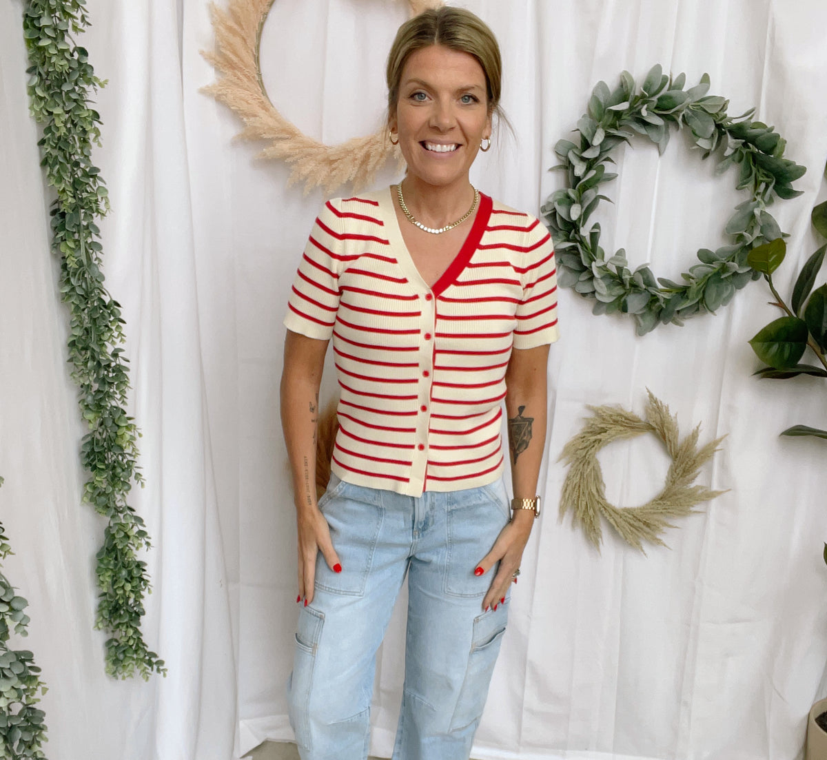 Red Stripe V Neck Button Down Top-Tank Tops-stacatto-The Silo Boutique, Women's Fashion Boutique Located in Warren and Grand Forks North Dakota