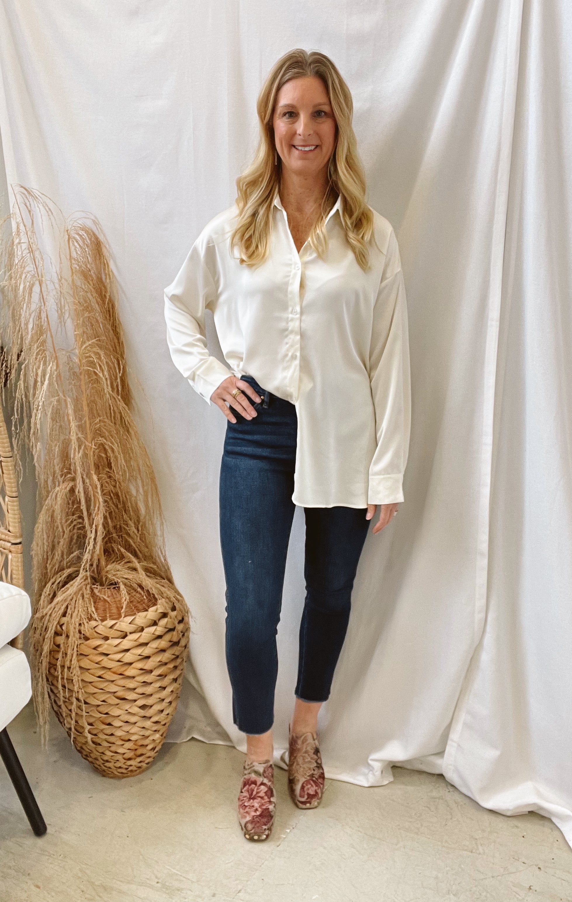 Oversized Satin Top-Cream-Long Sleeve Tops-hyfve-The Silo Boutique, Women's Fashion Boutique Located in Warren and Grand Forks North Dakota