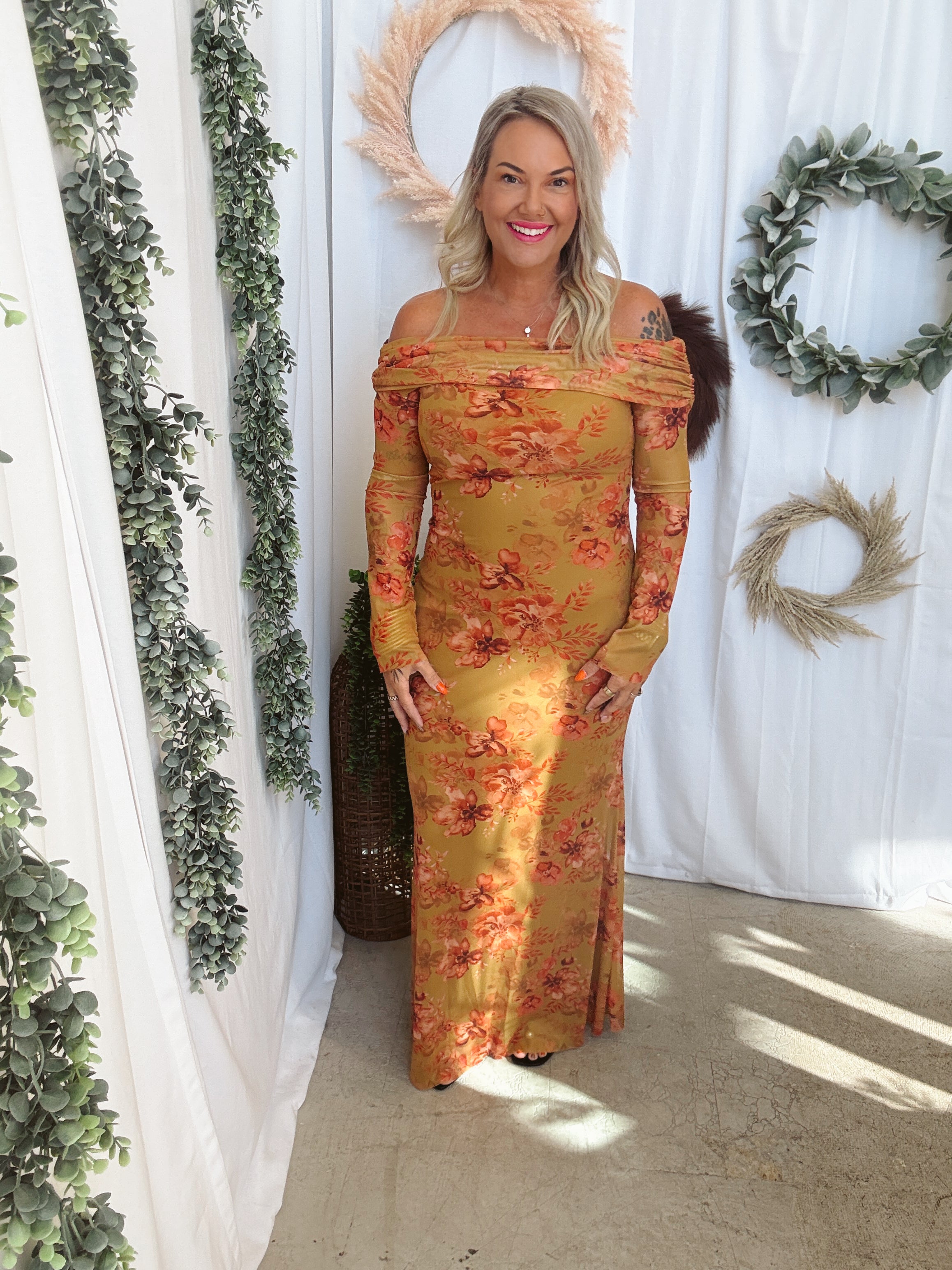 Feeling Fine Floral Dress-Mustard-Dresses-hyfve-The Silo Boutique, Women's Fashion Boutique Located in Warren and Grand Forks North Dakota