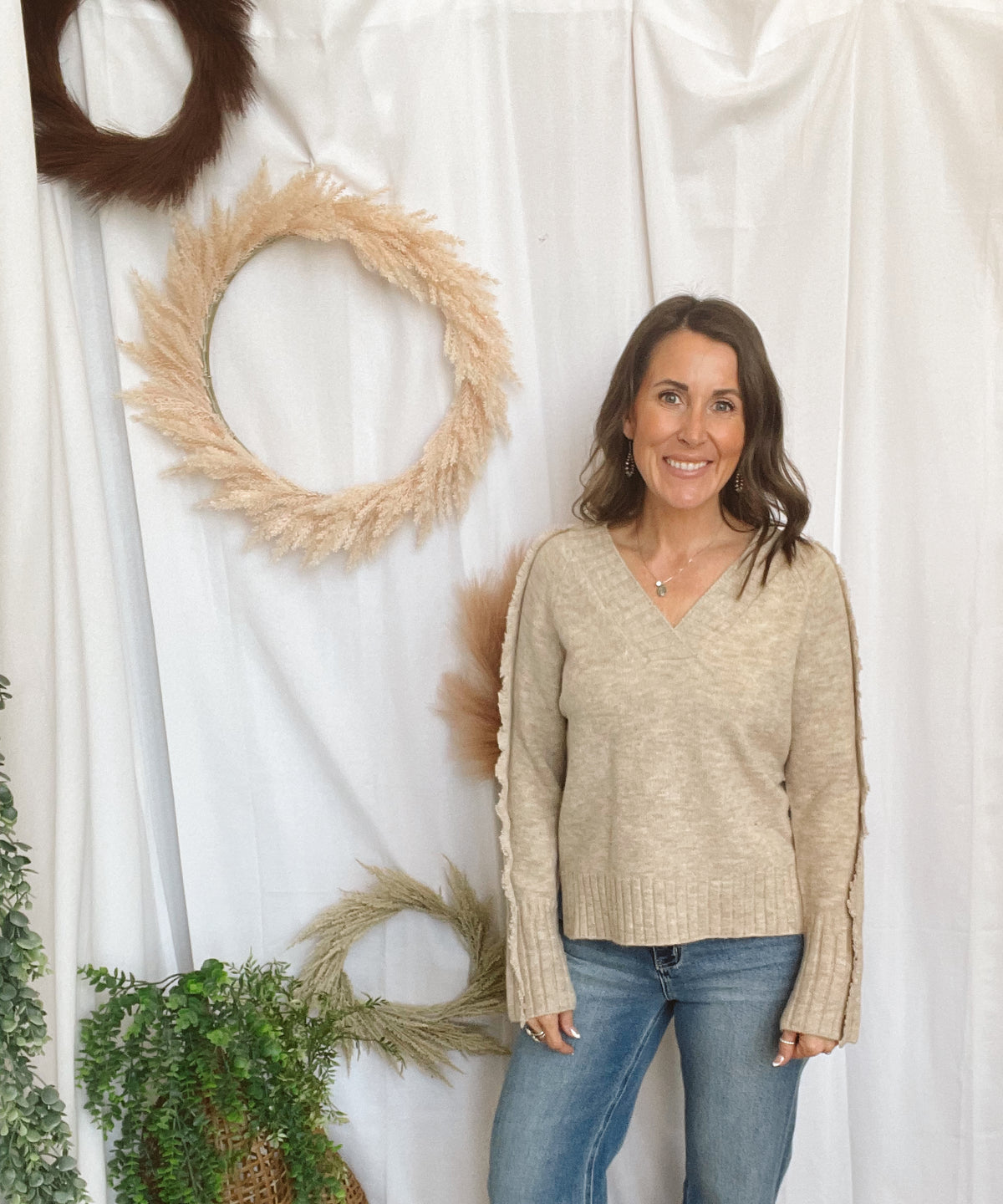 Elan Falling V Neck Sweater-Stone-Sweaters-elan-The Silo Boutique, Women's Fashion Boutique Located in Warren and Grand Forks North Dakota