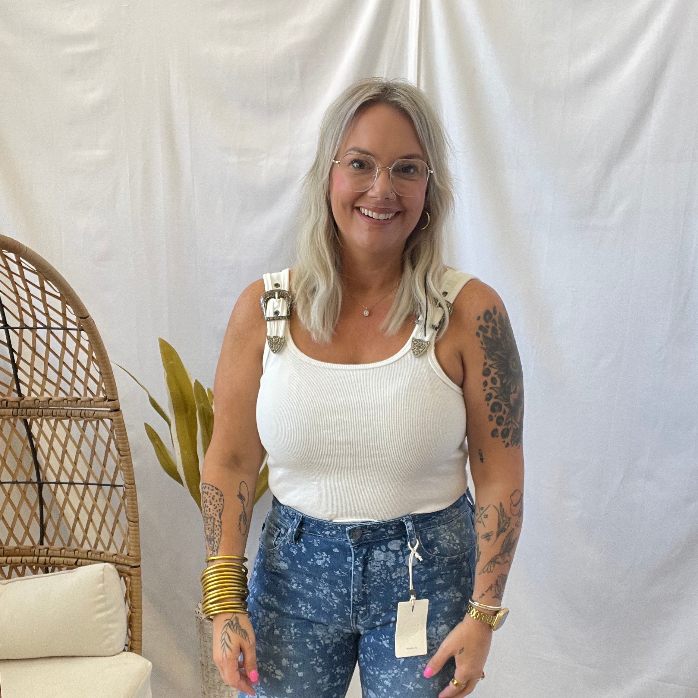 Ribbed Buckle Tank Top Bodysuit-White-Tank Tops-blue B-The Silo Boutique, Women's Fashion Boutique Located in Warren and Grand Forks North Dakota