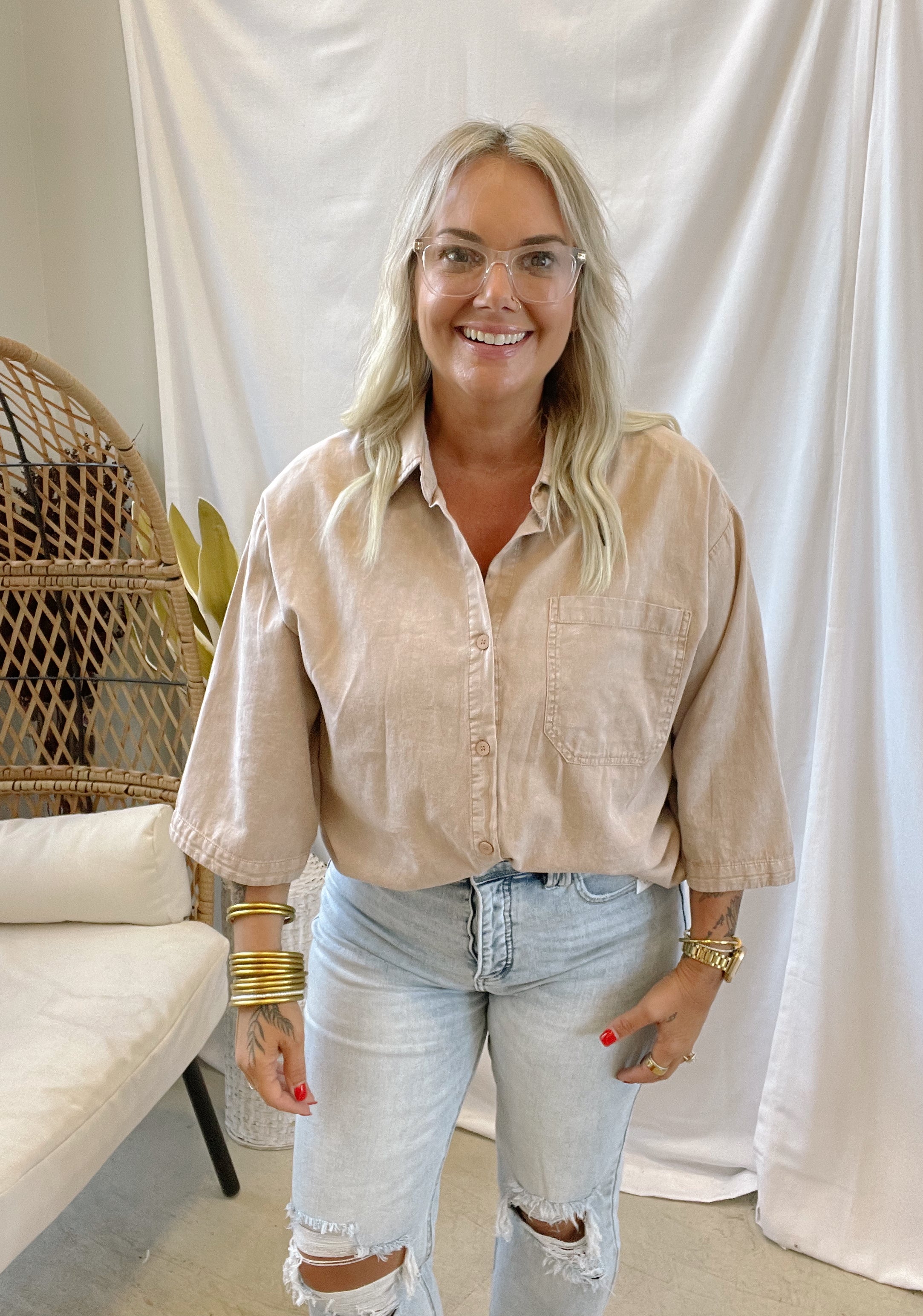 Taupe Button Down Long Sleeve Top-Final Sale-Long Sleeve Tops-hyfve-The Silo Boutique, Women's Fashion Boutique Located in Warren and Grand Forks North Dakota