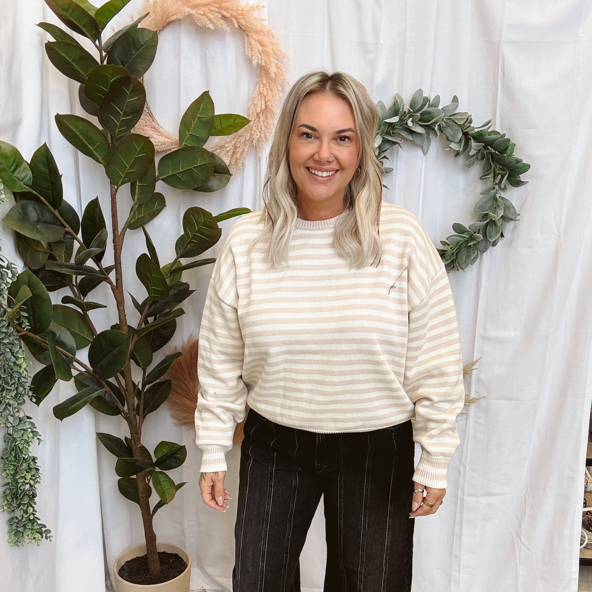 Champagne Stripe Sweater-Sweaters-wishlist-The Silo Boutique, Women's Fashion Boutique Located in Warren and Grand Forks North Dakota