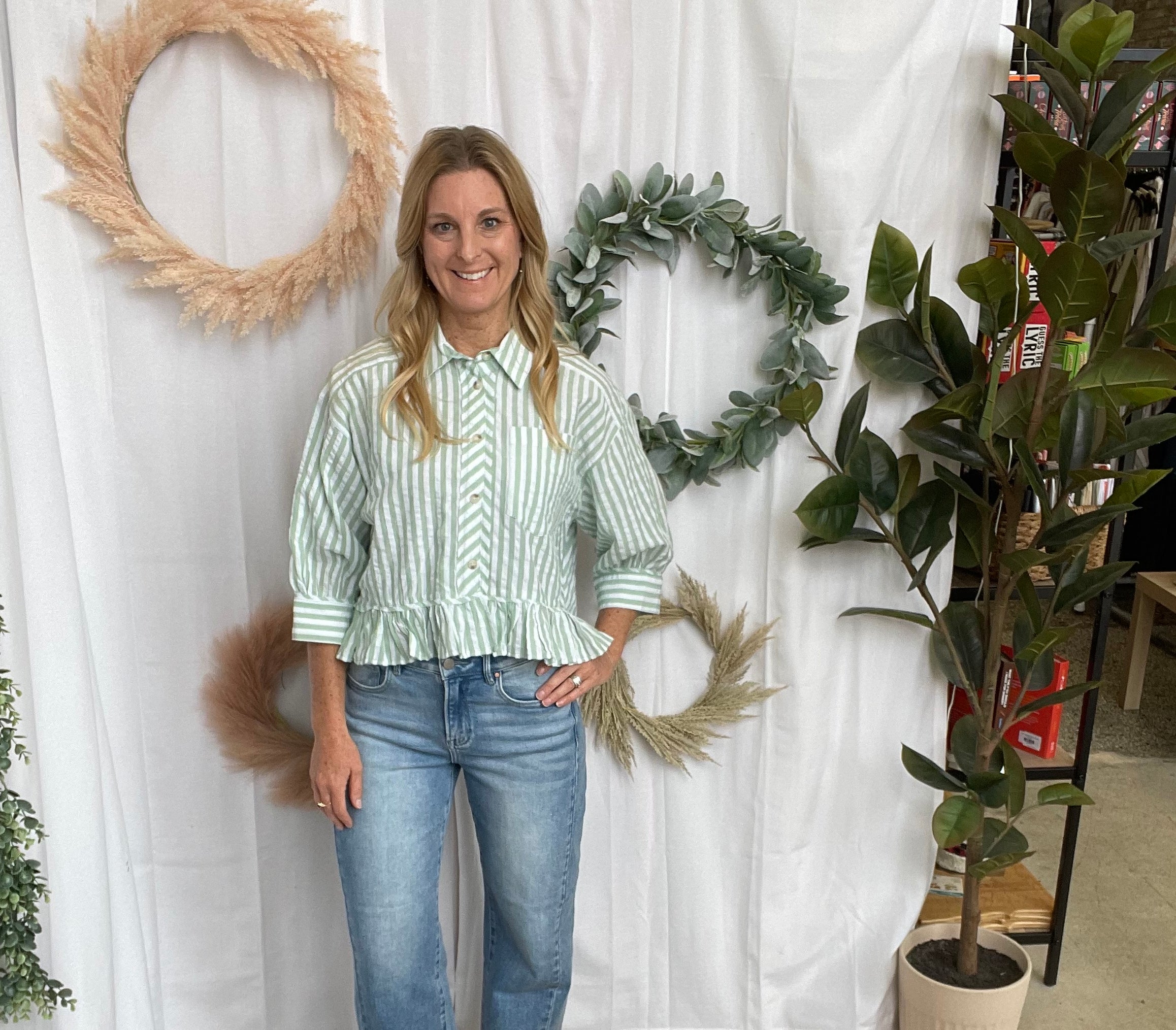 Sage Frill Button Down Striped Shirt-Short Sleeve Tops-hem and thread-The Silo Boutique, Women's Fashion Boutique Located in Warren and Grand Forks North Dakota
