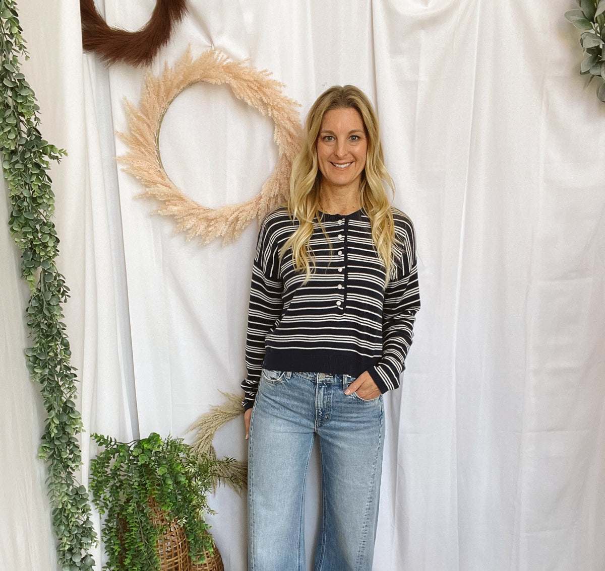 Nevaeh Striped Henley Sweater-Navy-Sweaters-hyfve-The Silo Boutique, Women's Fashion Boutique Located in Warren and Grand Forks North Dakota