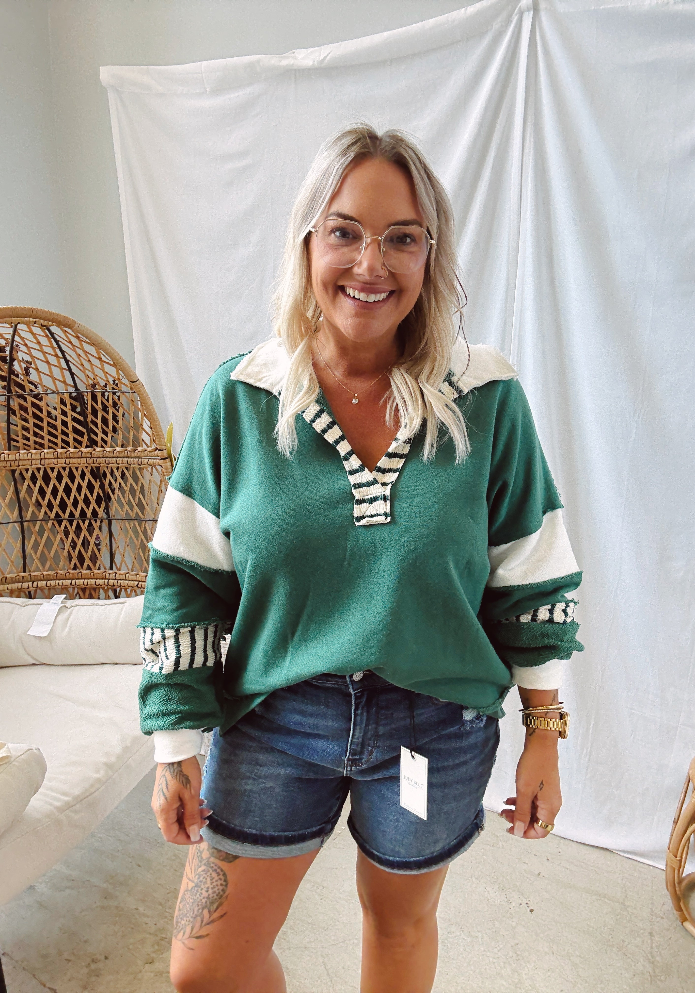 Green Collared Oversized Sweatshirt-Long Sleeve Tops-bucketlist-The Silo Boutique, Women's Fashion Boutique Located in Warren and Grand Forks North Dakota