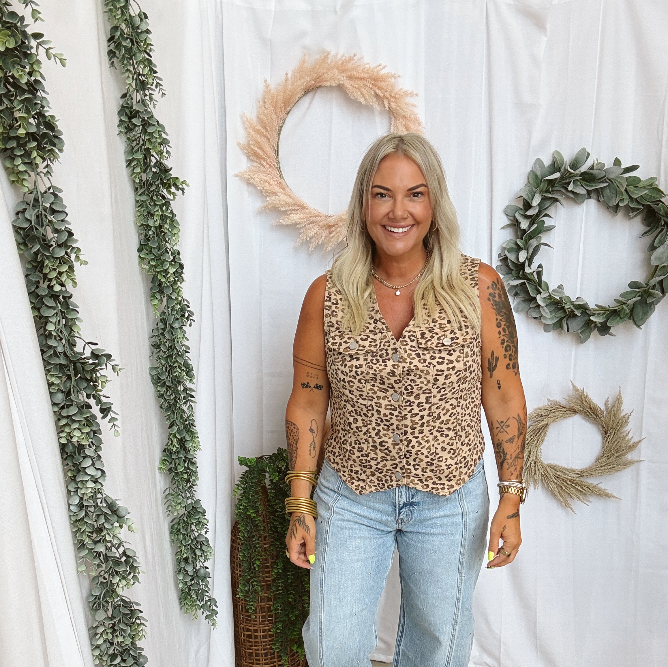 Risen Leopard Denim Vest-Vests-risen-The Silo Boutique, Women's Fashion Boutique Located in Warren and Grand Forks North Dakota