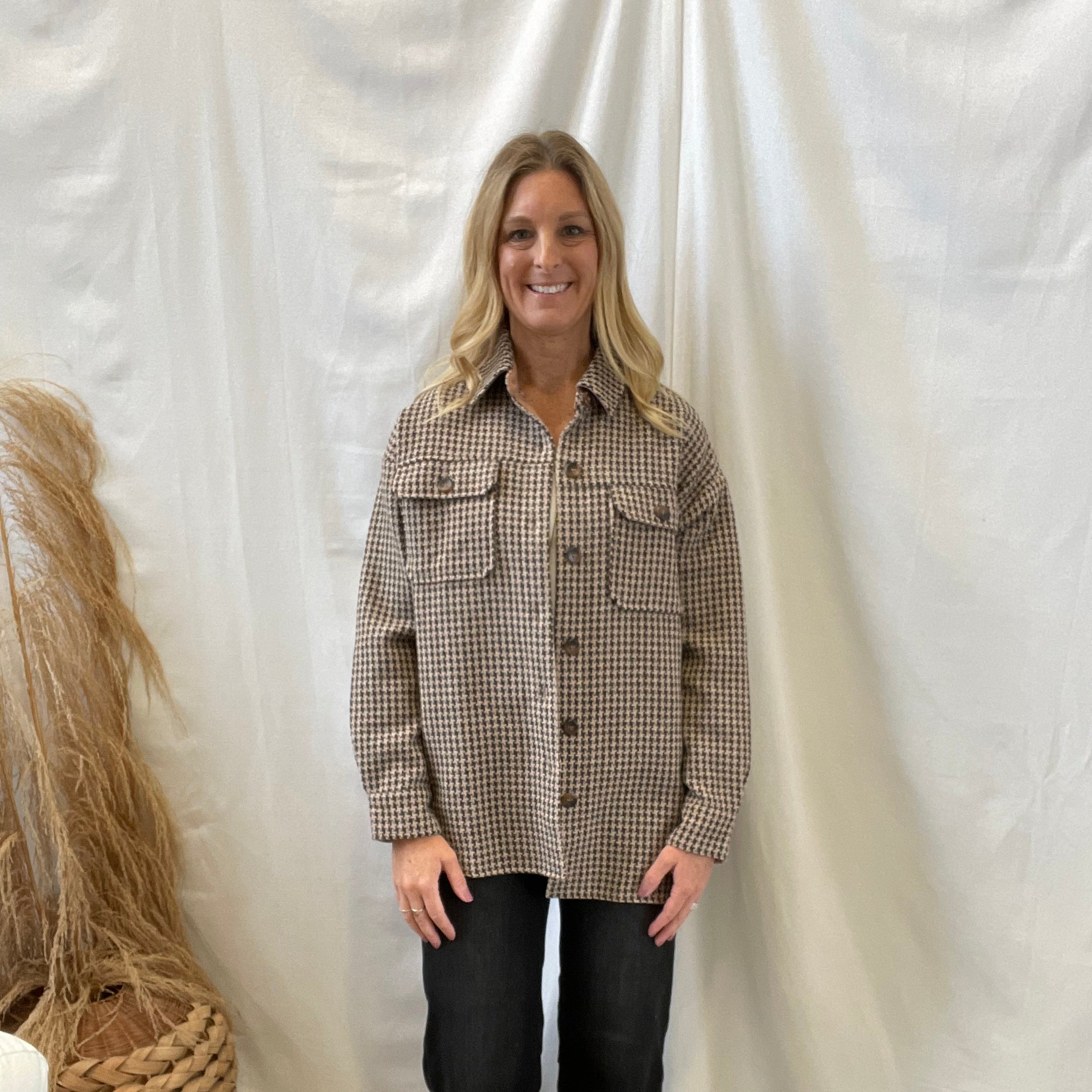 Houndstooth Button Up Shacket-Blazers-hem and thread-The Silo Boutique, Women's Fashion Boutique Located in Warren and Grand Forks North Dakota
