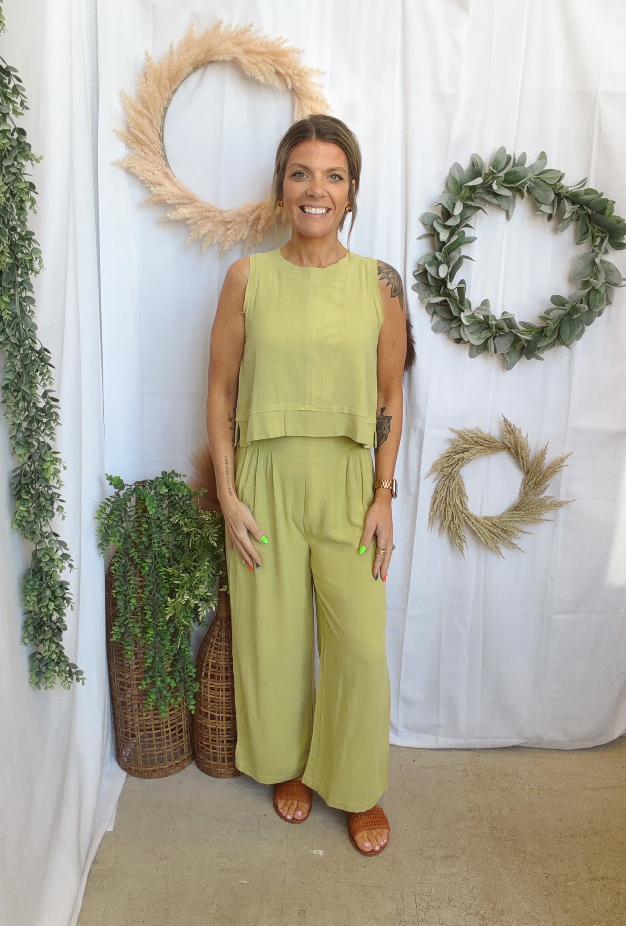 Jane Linen Set-Avocado-Outfit Sets-very j-The Silo Boutique, Women's Fashion Boutique Located in Warren and Grand Forks North Dakota