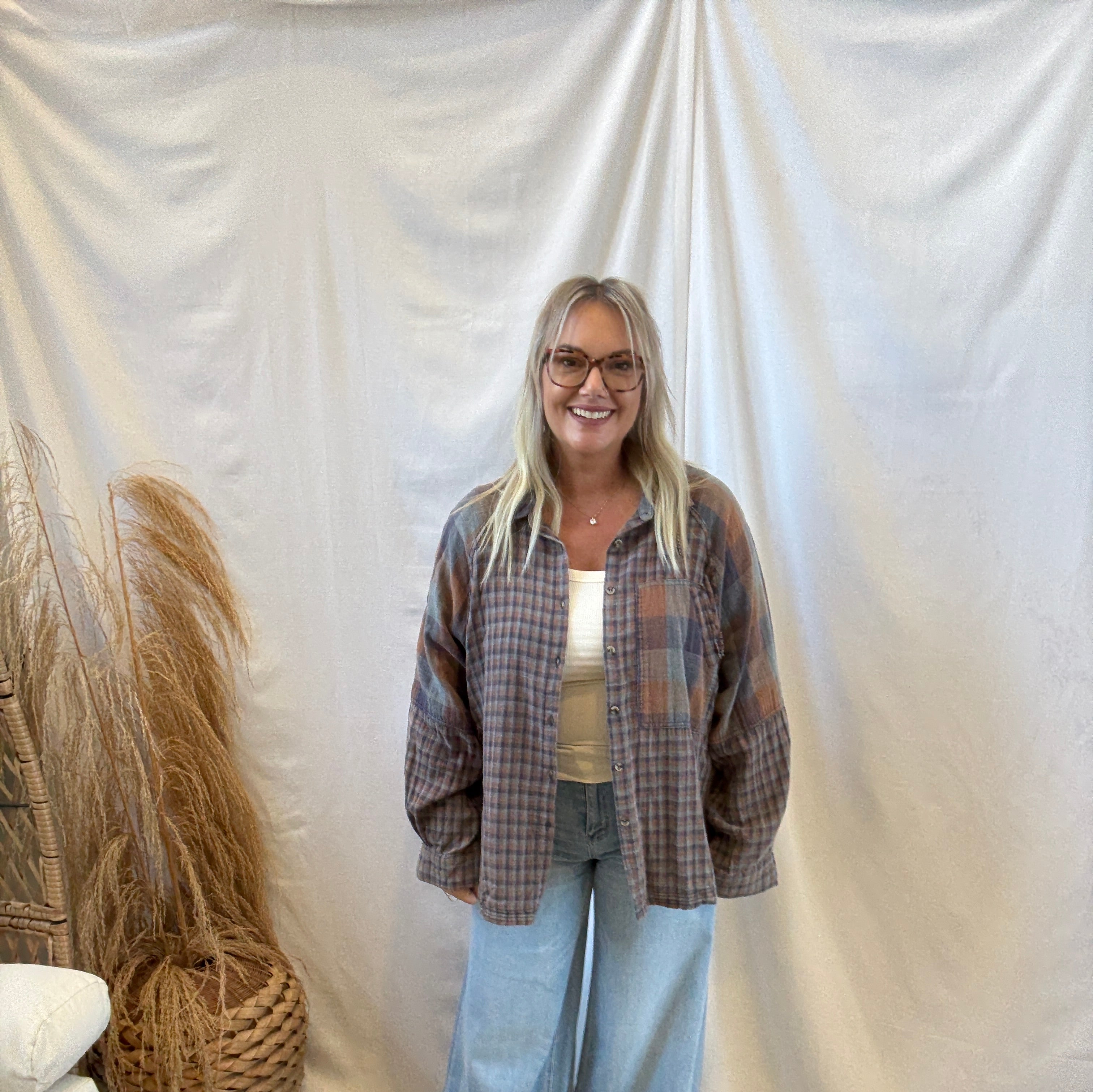 Navy Brown Mix Flannel-Long Sleeve Tops-easel-The Silo Boutique, Women's Fashion Boutique Located in Warren and Grand Forks North Dakota