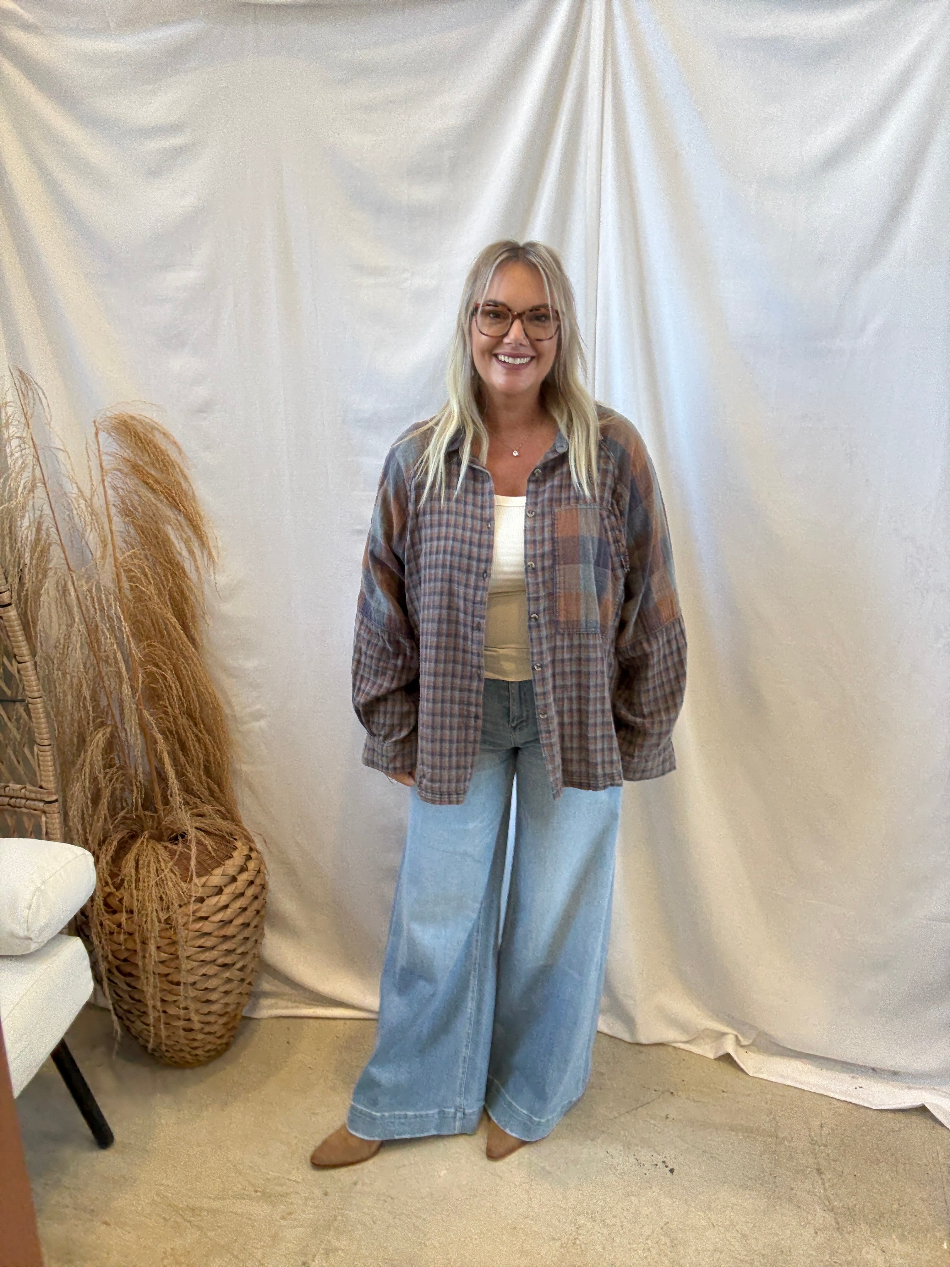 Navy Brown Mix Flannel-Long Sleeve Tops-easel-The Silo Boutique, Women's Fashion Boutique Located in Warren and Grand Forks North Dakota