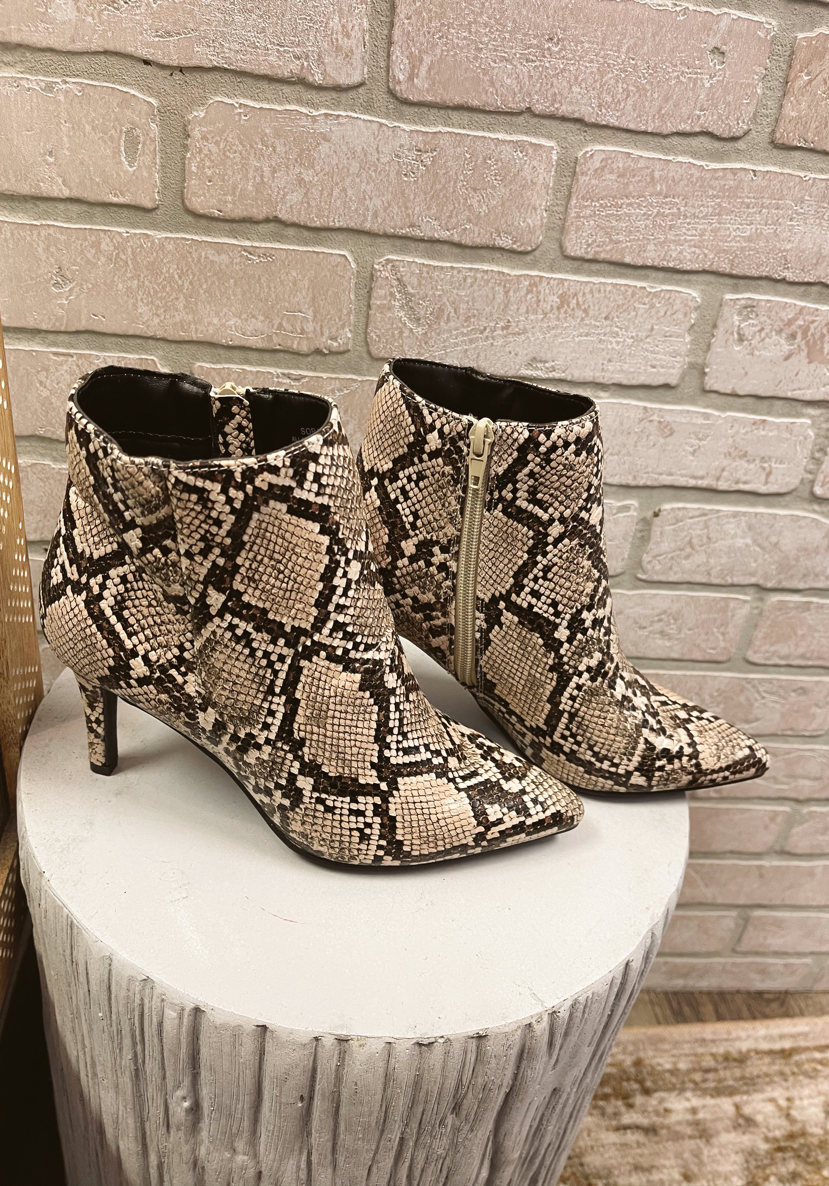 Bamboo Soraya Beige Snake Bootie-Final Sale-Boots-bamboo-The Silo Boutique, Women's Fashion Boutique Located in Warren and Grand Forks North Dakota