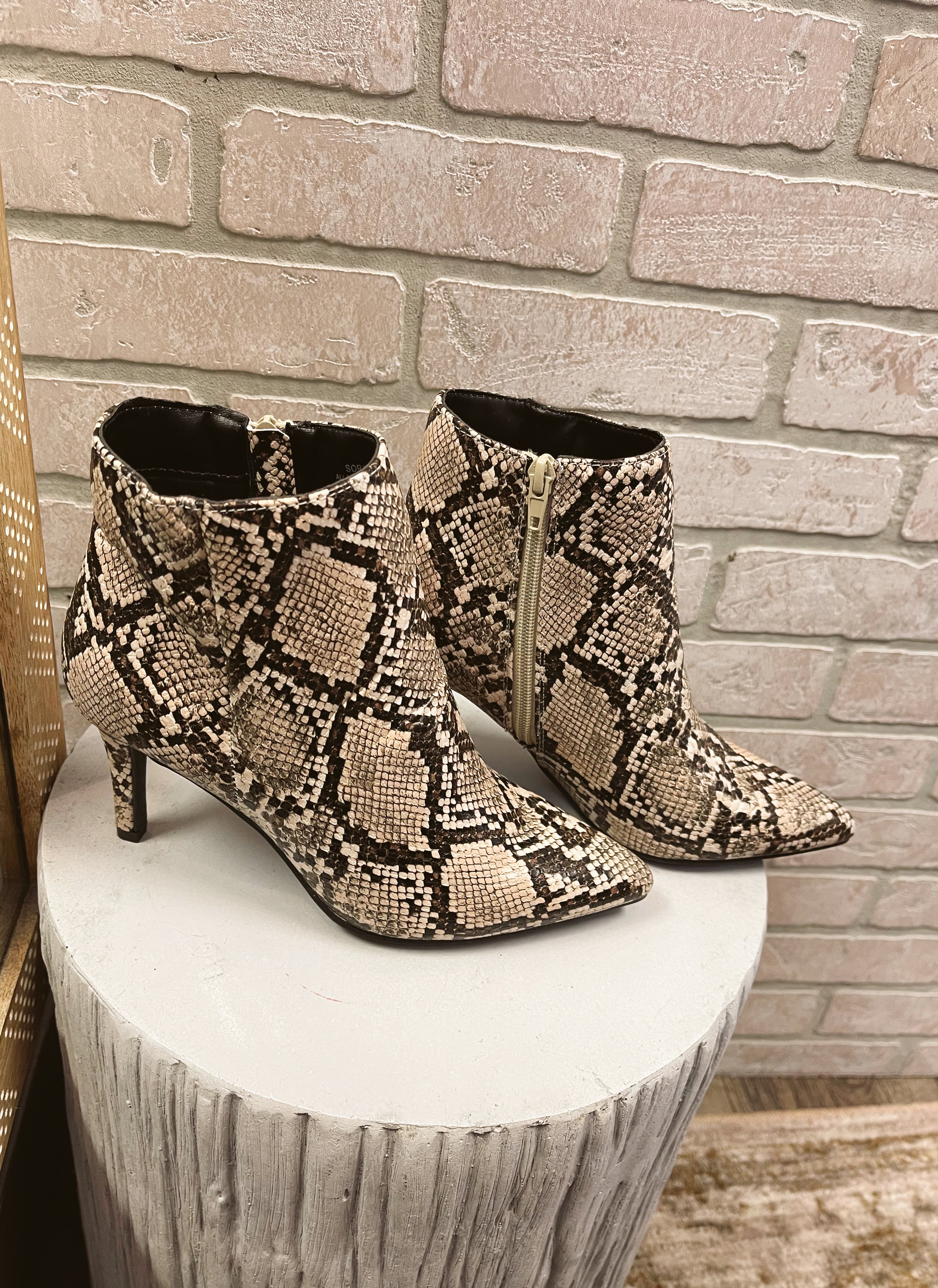 Bamboo Soraya Beige Snake Bootie-Final Sale-Boots-bamboo-The Silo Boutique, Women's Fashion Boutique Located in Warren and Grand Forks North Dakota