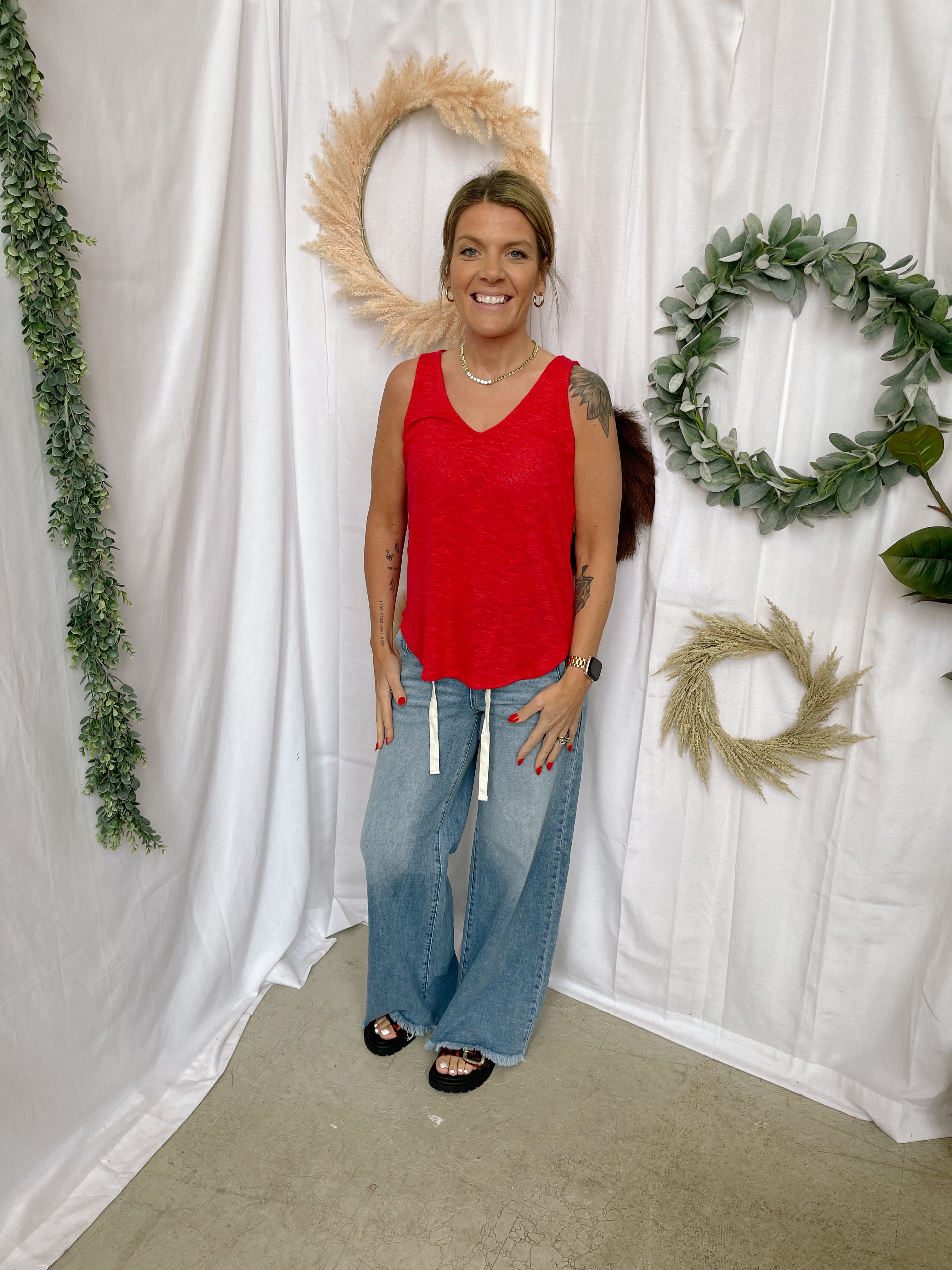 Mel V Neck Slub Tank Top-Red-Tank Tops-Zenana-The Silo Boutique, Women's Fashion Boutique Located in Warren and Grand Forks North Dakota