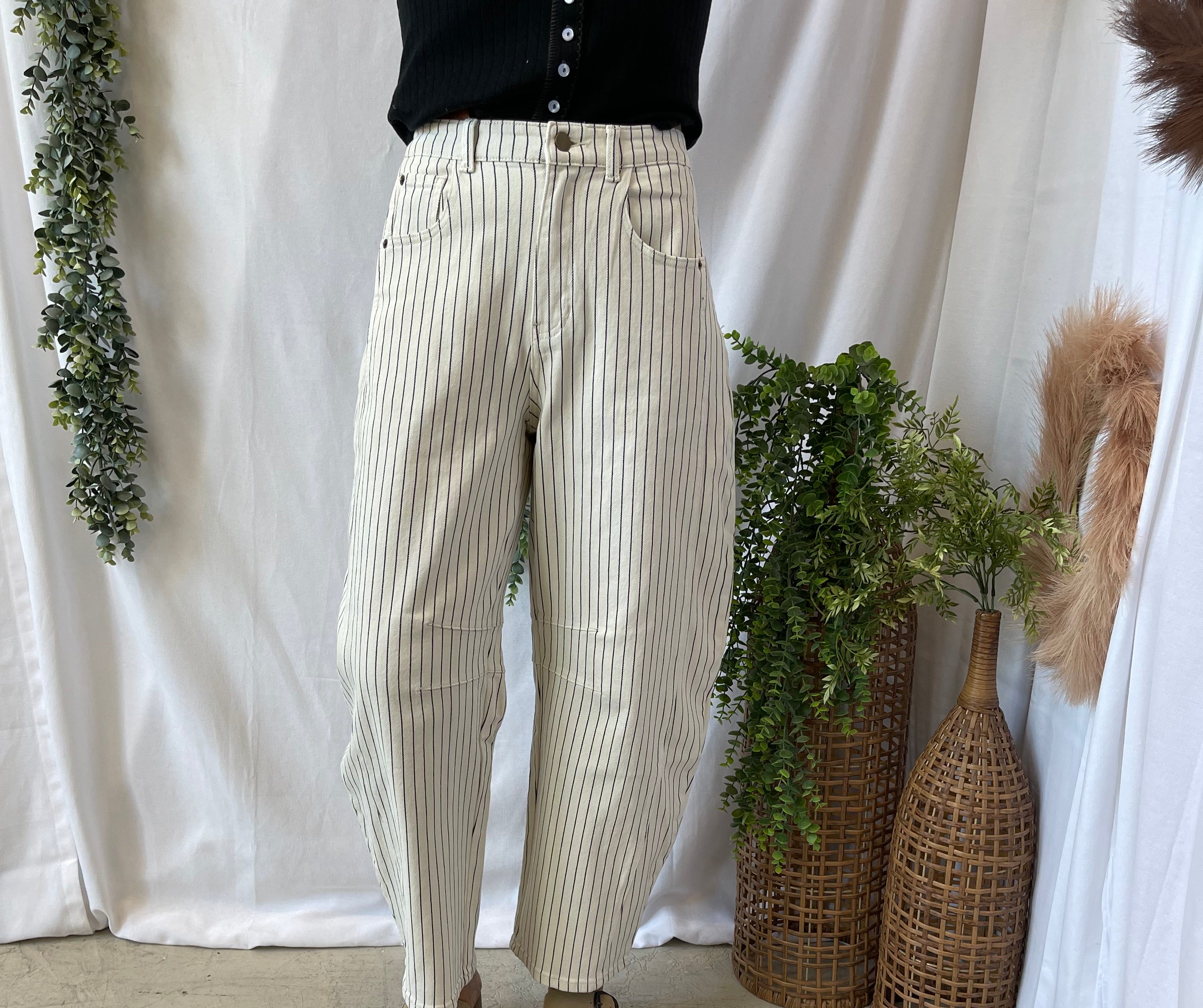 Pinstriped Pattern Barrel Pants-Jeans-miou muse-The Silo Boutique, Women's Fashion Boutique Located in Warren and Grand Forks North Dakota