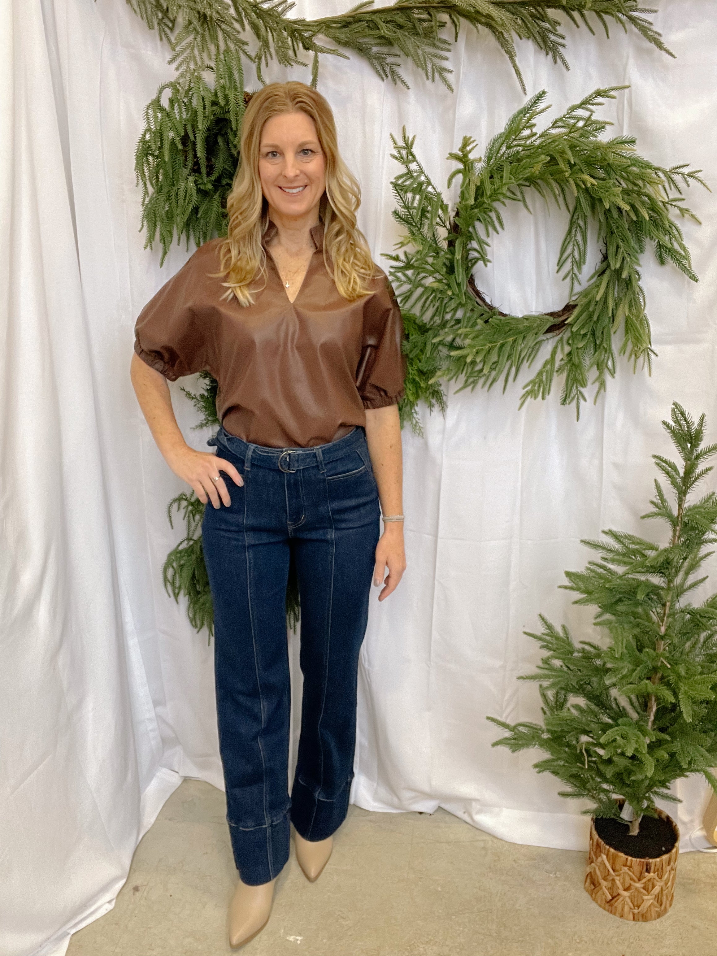 Brown Leather V Neck Sleeve Top-Short Sleeve Tops-entro-The Silo Boutique, Women's Fashion Boutique Located in Warren and Grand Forks North Dakota