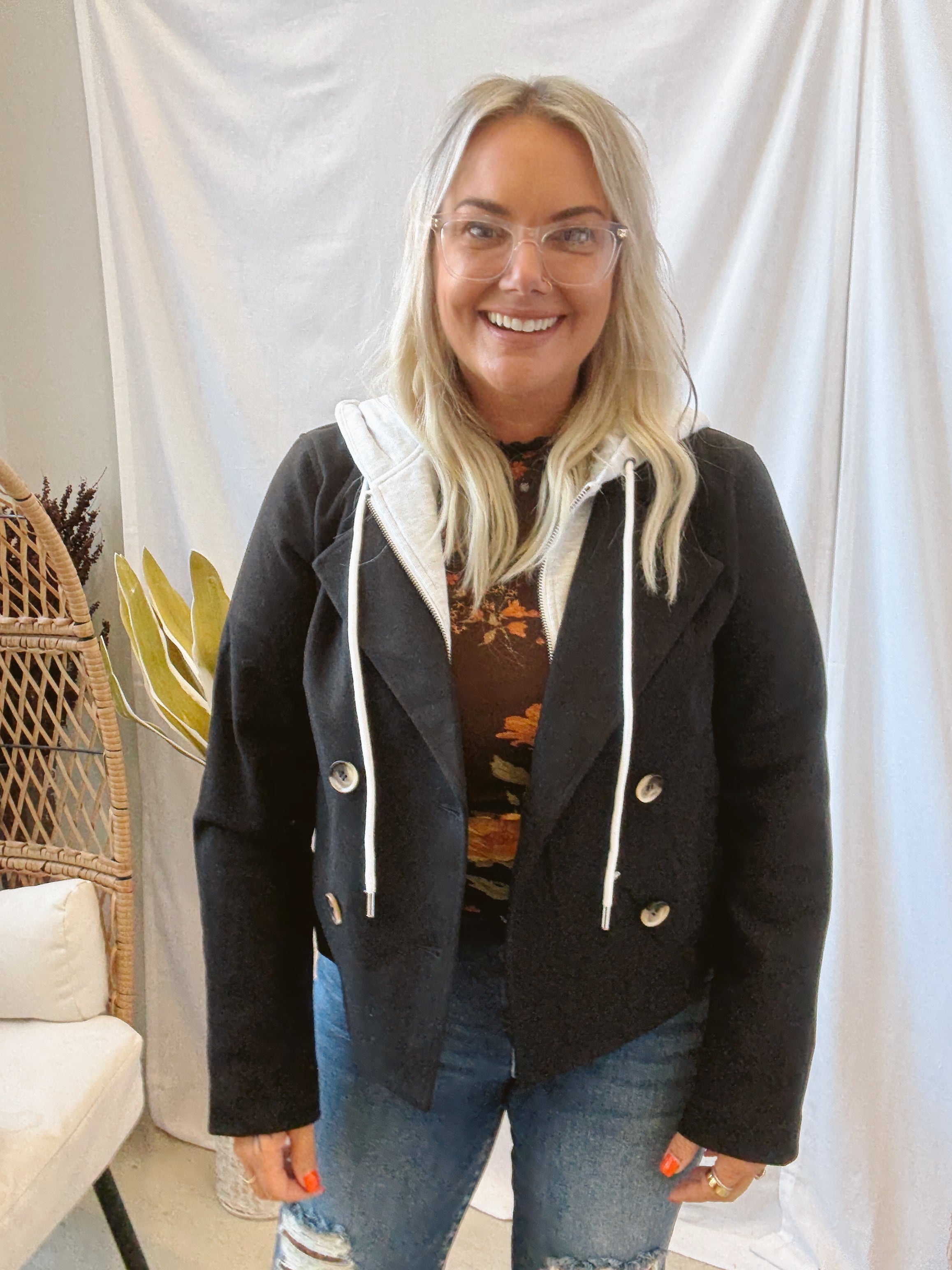 Twofer Hooded Jacket-Black-Coats & Jackets-hem and thread-The Silo Boutique, Women's Fashion Boutique Located in Warren and Grand Forks North Dakota