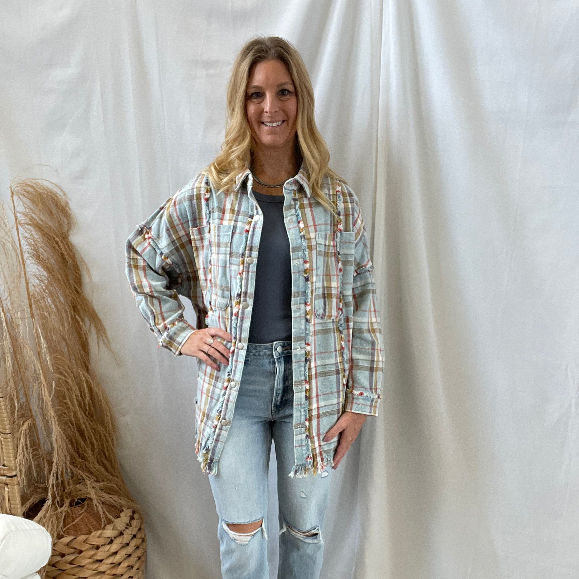 Washed Blue Oli Flannel-Final Sale-Long Sleeve Tops-oli-The Silo Boutique, Women's Fashion Boutique Located in Warren and Grand Forks North Dakota