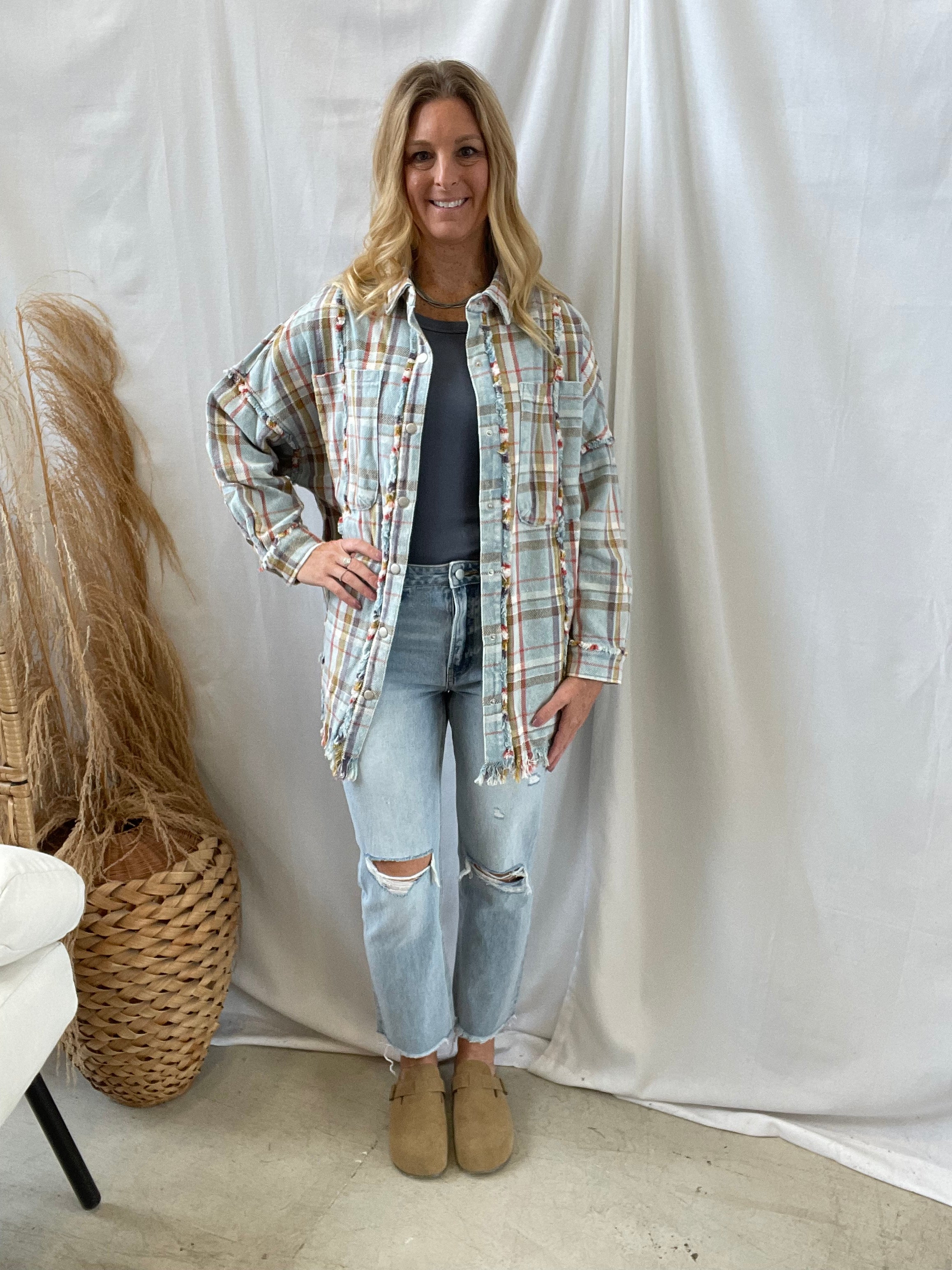 Washed Blue Oli Flannel-Long Sleeve Tops-oli-The Silo Boutique, Women's Fashion Boutique Located in Warren and Grand Forks North Dakota