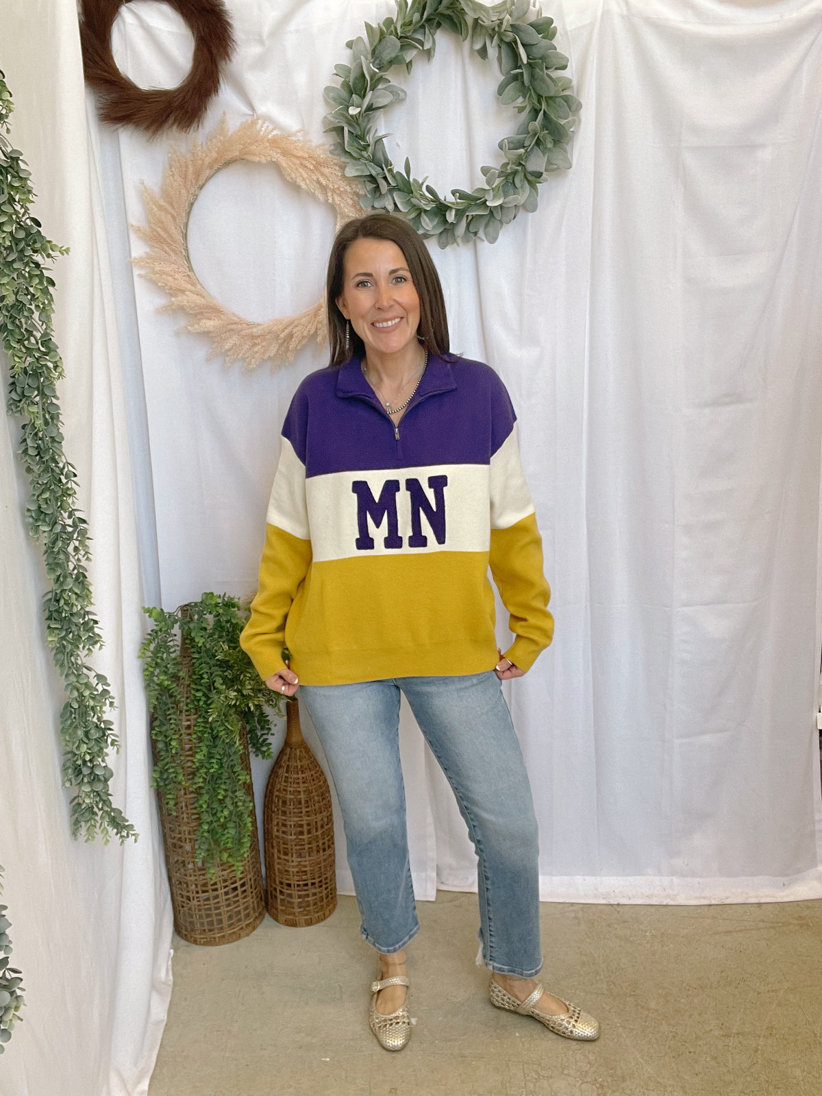 Minnesota Pom Pom Quarter Zip Sweater-Sweaters-Leia-The Silo Boutique, Women's Fashion Boutique Located in Warren and Grand Forks North Dakota