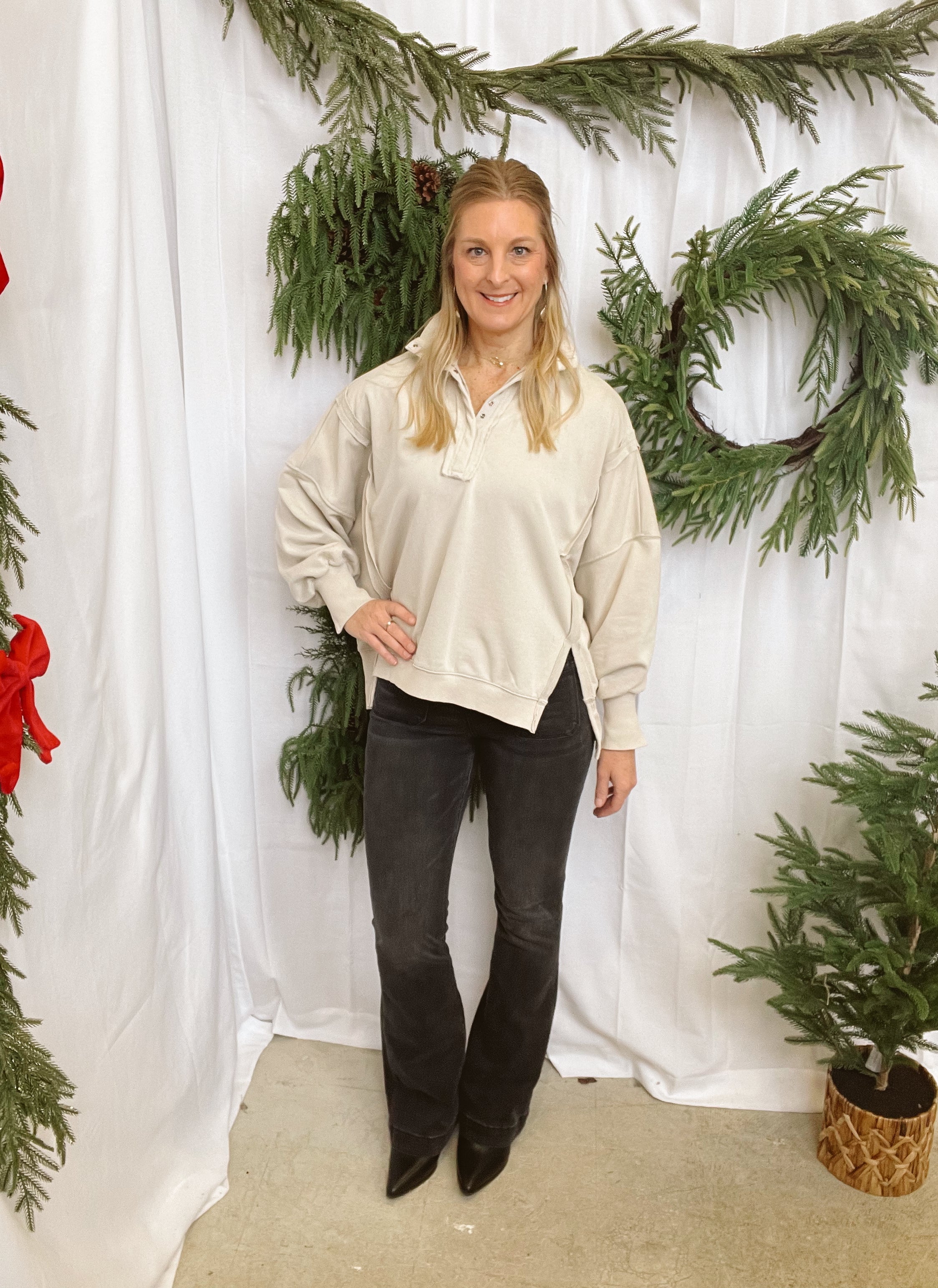 Mineral Wash Quarter Snap Sweatshirt-Bone-Sweatshirts-eesome-The Silo Boutique, Women's Fashion Boutique Located in Warren and Grand Forks North Dakota