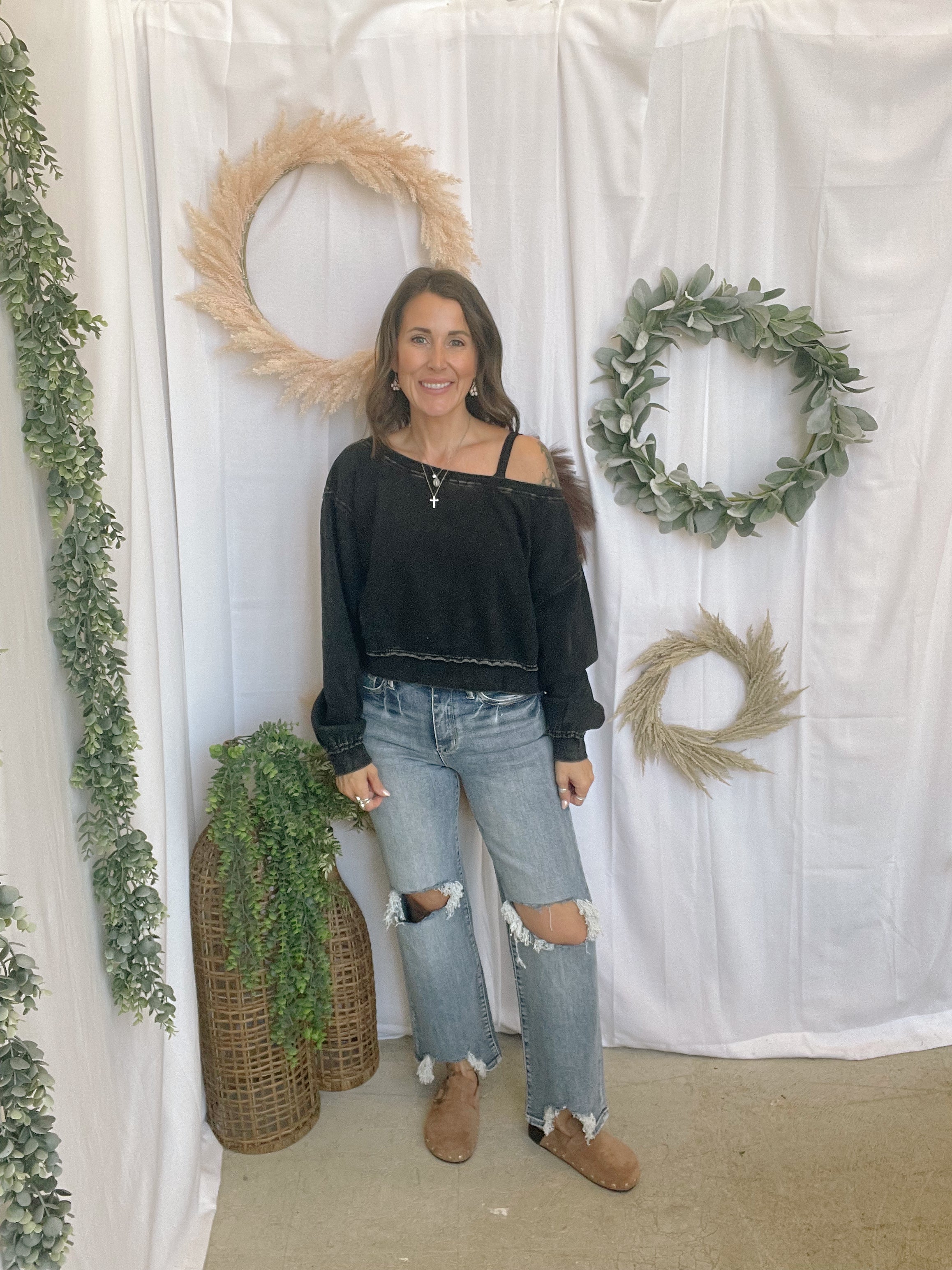 Raw Edge Off The Shoulder Sweatshirt-Black-Sweatshirts-hyfve-The Silo Boutique, Women's Fashion Boutique Located in Warren and Grand Forks North Dakota