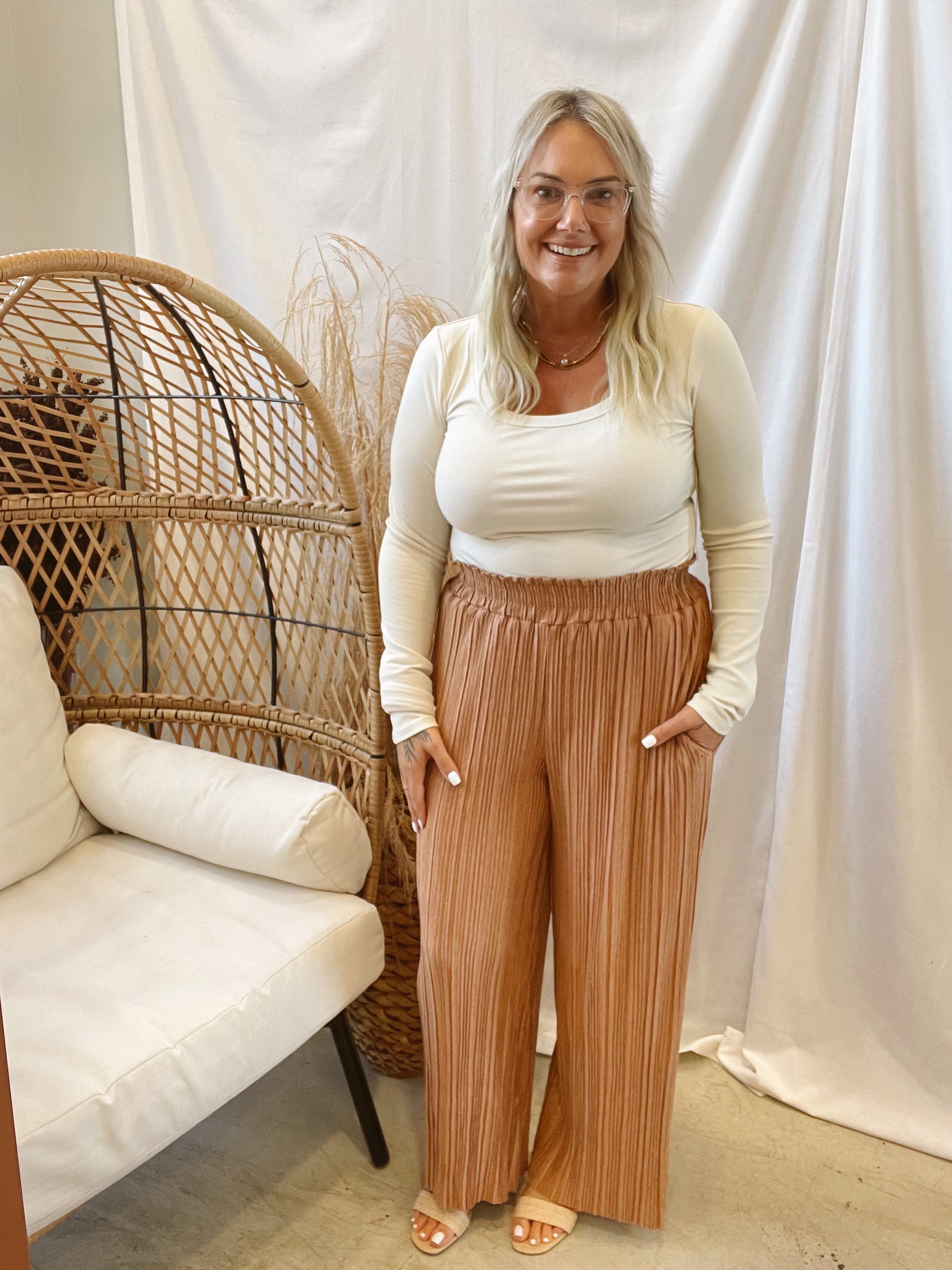 Camel Pleated Pants-Pants-very j-The Silo Boutique, Women's Fashion Boutique Located in Warren and Grand Forks North Dakota