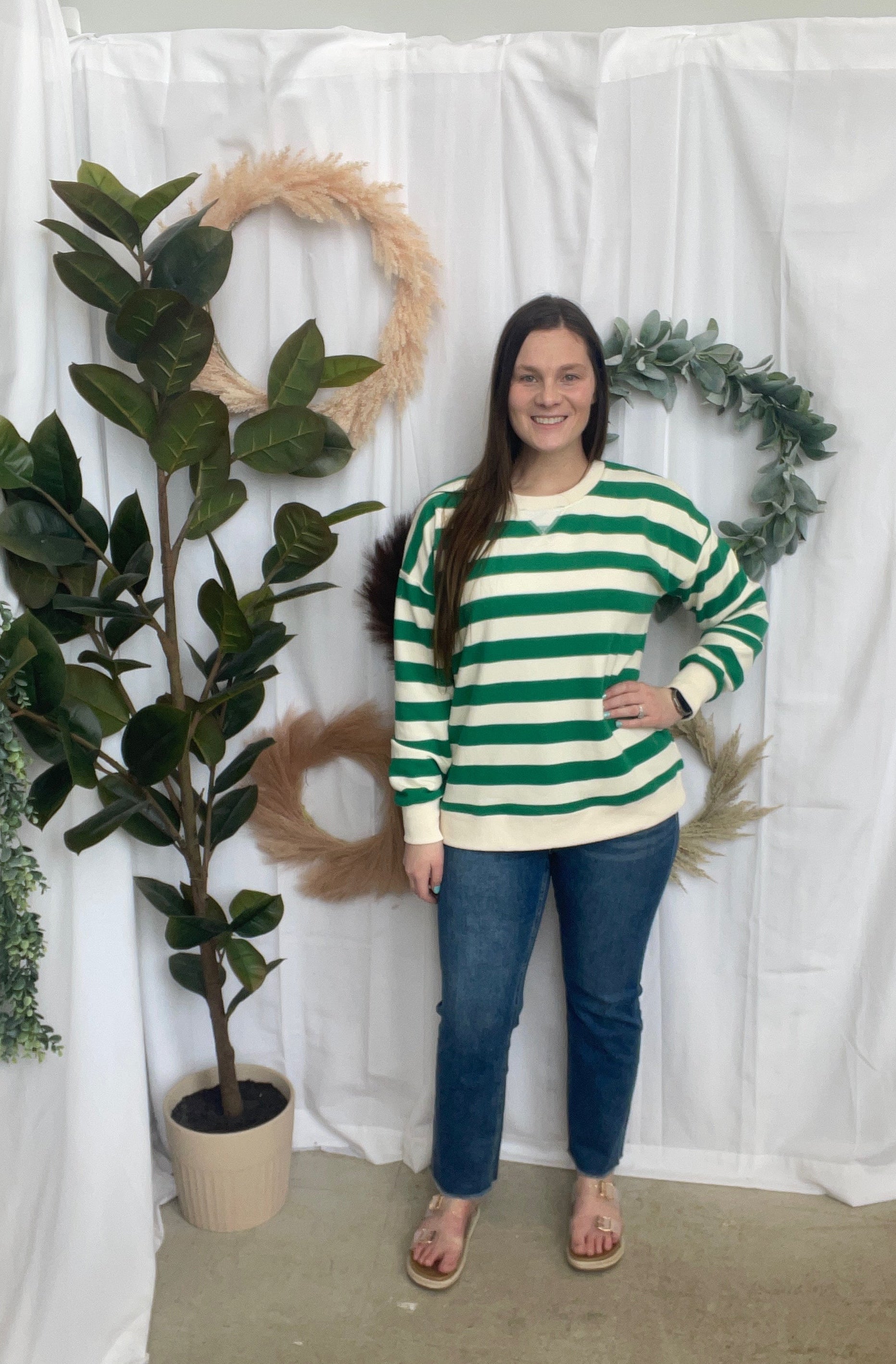 Kelly Green Stripe Crew Sweatshirt-Sweatshirts-hem and thread-The Silo Boutique, Women's Fashion Boutique Located in Warren and Grand Forks North Dakota