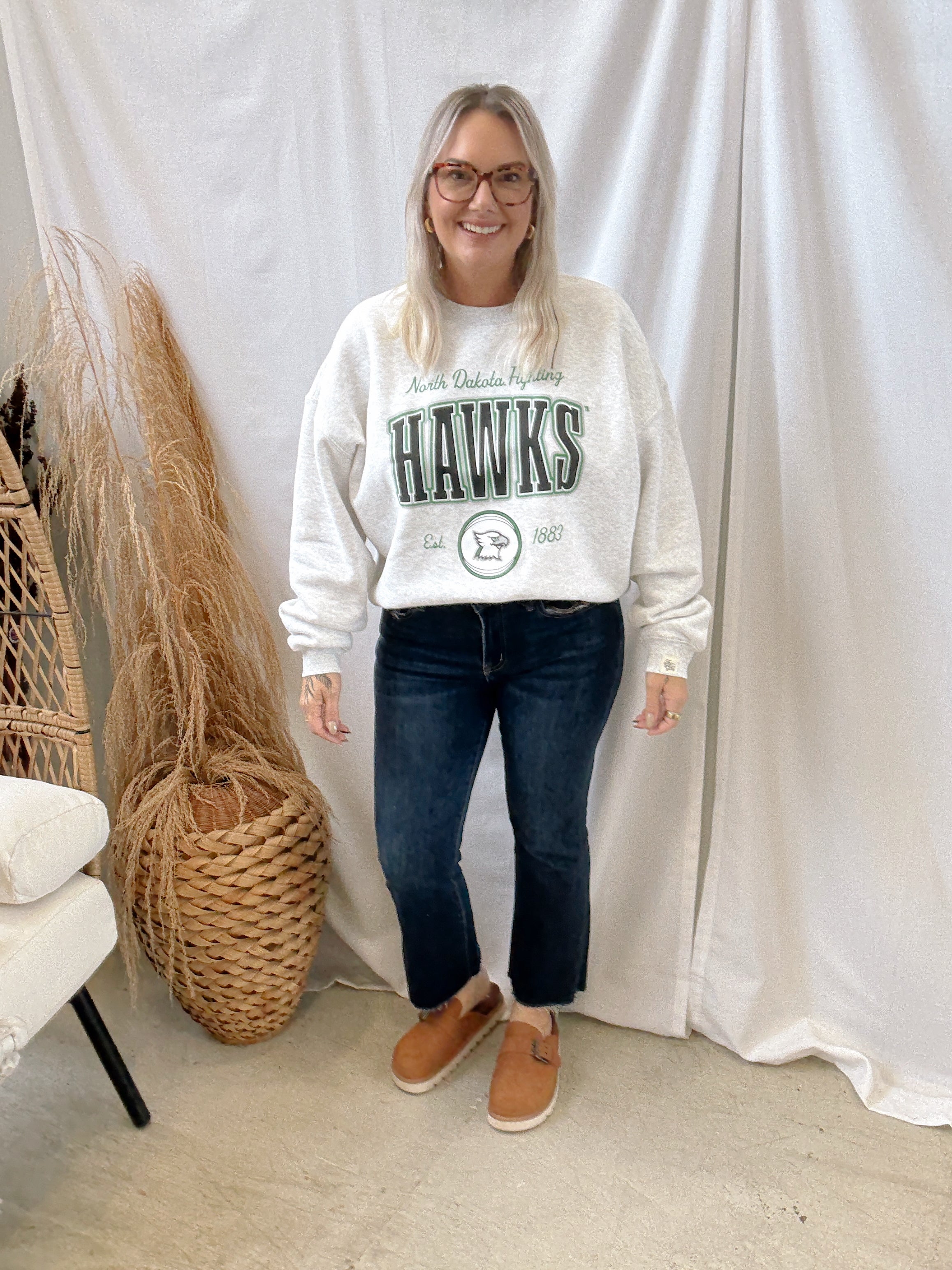 Fighting Hawks Vintage Crew-Sweatshirts-fan girl-The Silo Boutique, Women's Fashion Boutique Located in Warren and Grand Forks North Dakota