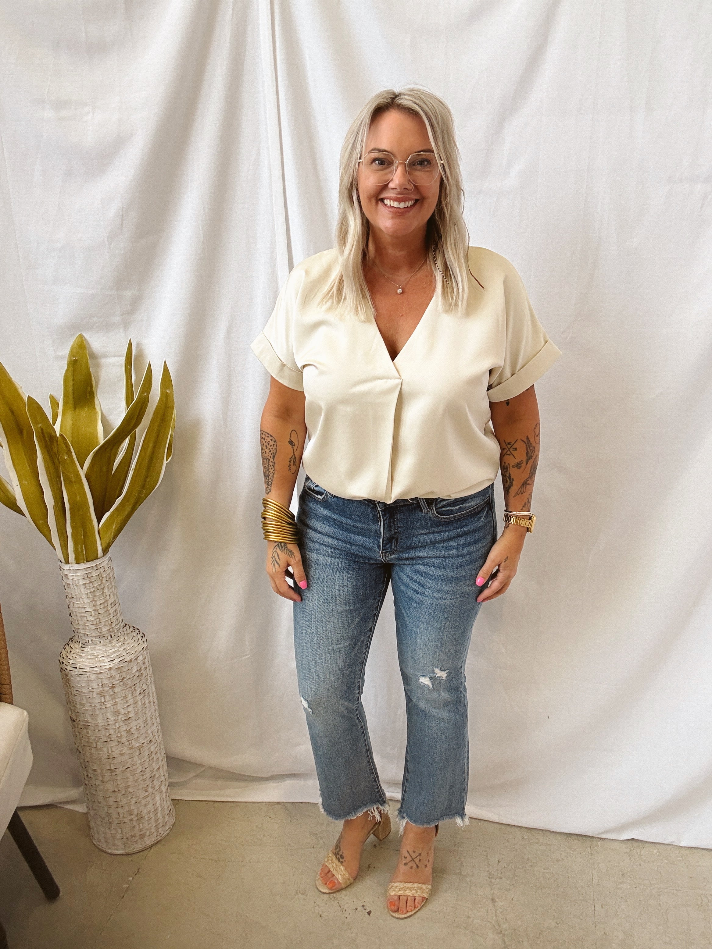 Glam V Neck Short Sleeve Top-Cream-Short Sleeve Tops-glam-The Silo Boutique, Women's Fashion Boutique Located in Warren and Grand Forks North Dakota