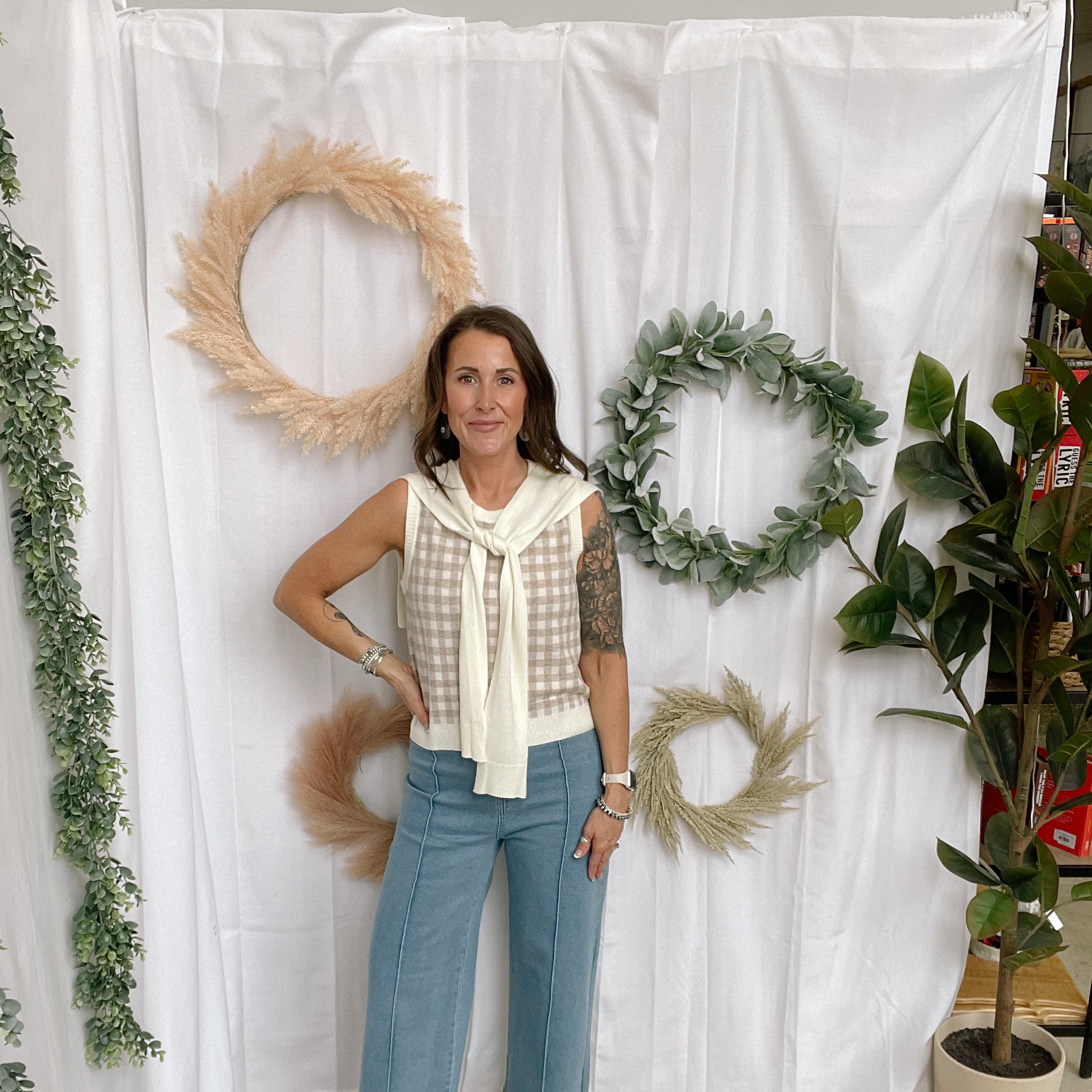 Oatmeal Gingham Tank Sweater Top-Tank Tops-entro-The Silo Boutique, Women's Fashion Boutique Located in Warren and Grand Forks North Dakota