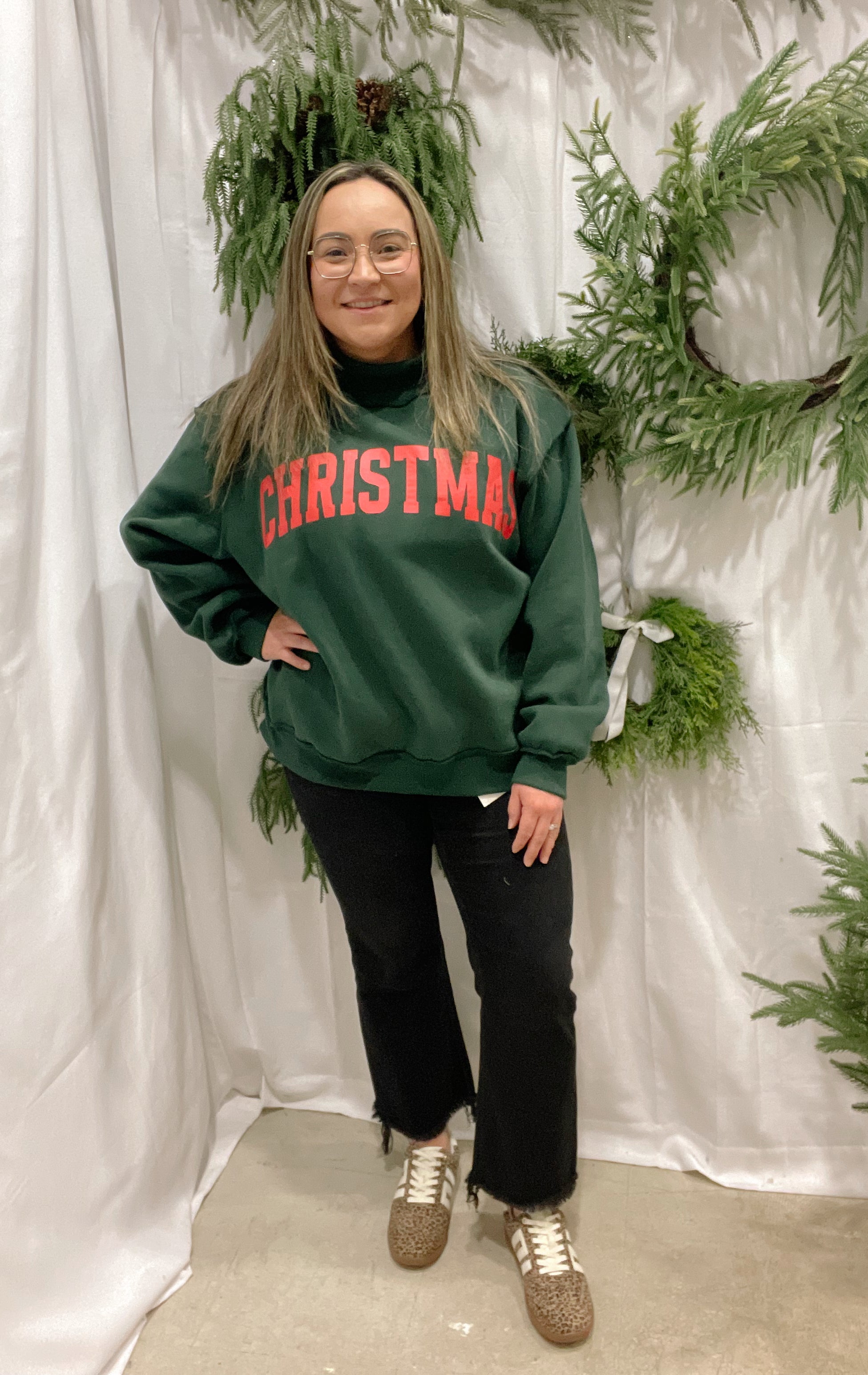 Green Merry & Christmas Sweatshirt-Final Sale-Sweatshirts-bucketlist-The Silo Boutique, Women's Fashion Boutique Located in Warren and Grand Forks North Dakota