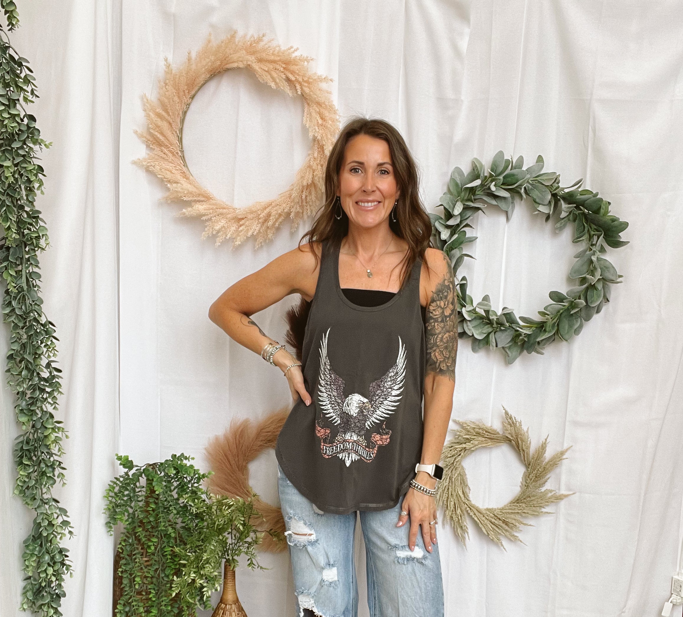 Pebble Forevee Freedom Thrills Tank Top-Black-Short Sleeve Tops-pebble-The Silo Boutique, Women's Fashion Boutique Located in Warren and Grand Forks North Dakota