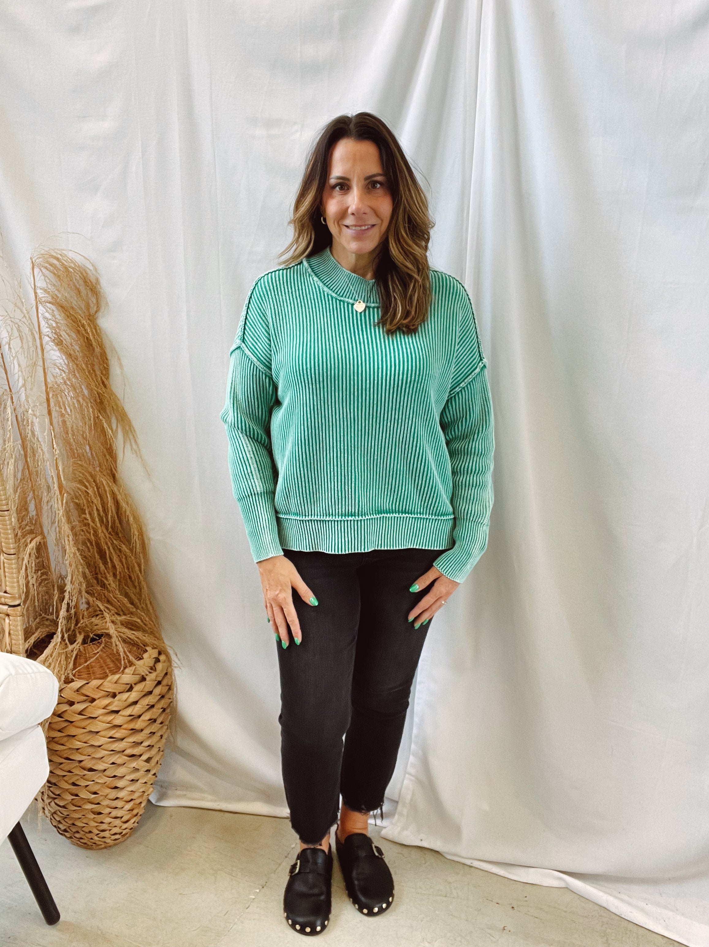 Green Wash Side Slit Sweater-Sweaters-Zenana-The Silo Boutique, Women's Fashion Boutique Located in Warren and Grand Forks North Dakota