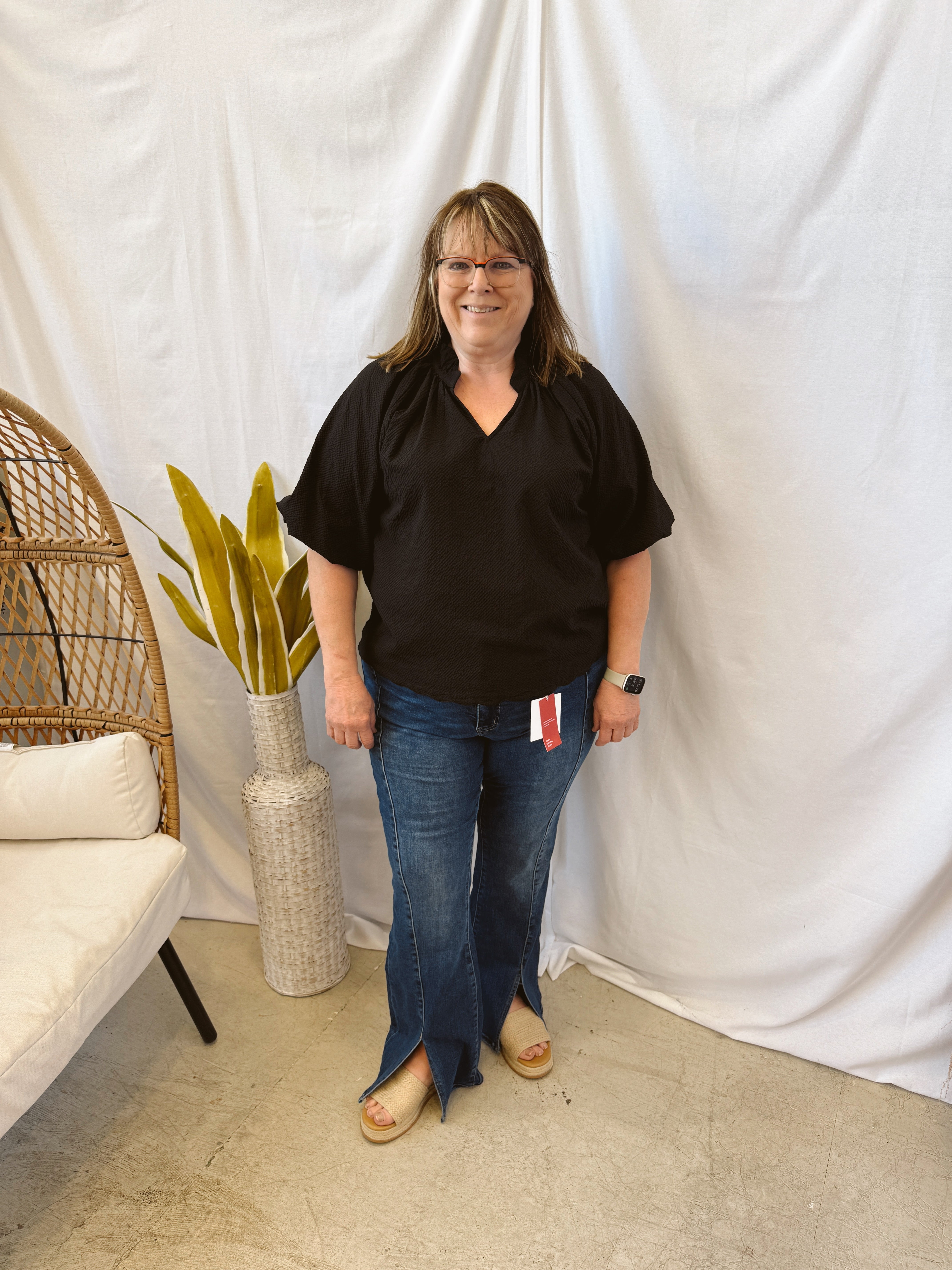 Bubble Sleeved Seersucker Top-Black-Short Sleeve Tops-Umgee-The Silo Boutique, Women's Fashion Boutique Located in Warren and Grand Forks North Dakota