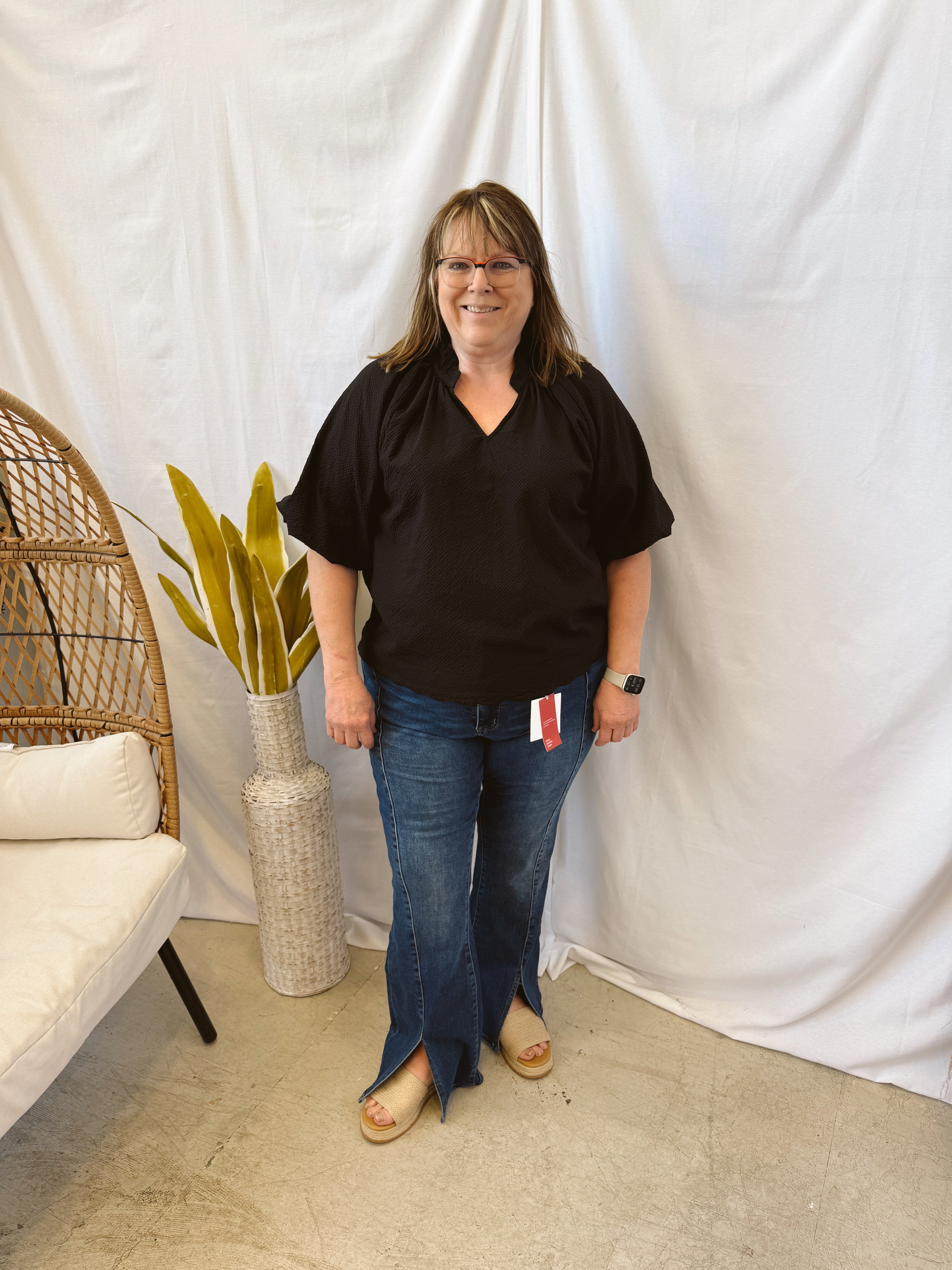 Bubble Sleeved Seersucker Top-Black-Short Sleeve Tops-Umgee-The Silo Boutique, Women's Fashion Boutique Located in Warren and Grand Forks North Dakota