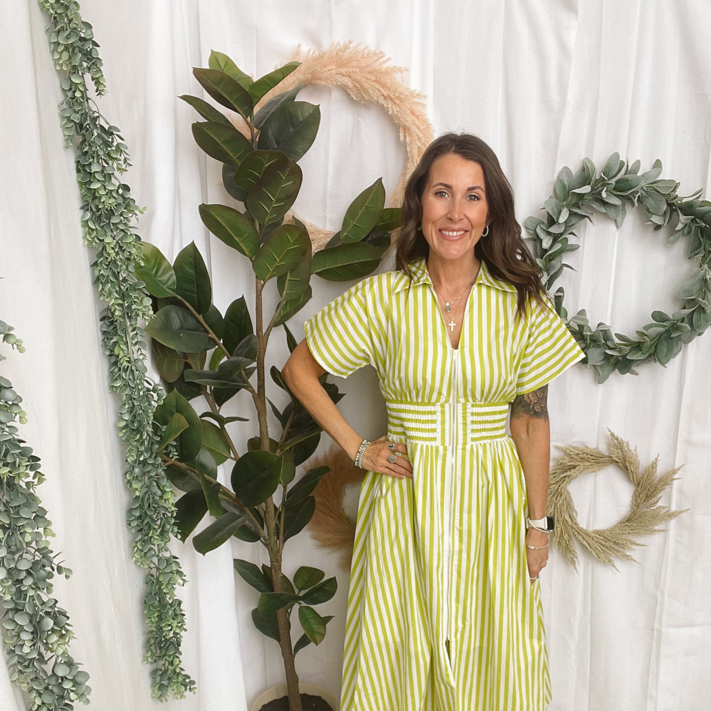 Lime Striped Maxi Zipper Dress-Dresses-entro-The Silo Boutique, Women's Fashion Boutique Located in Warren and Grand Forks North Dakota