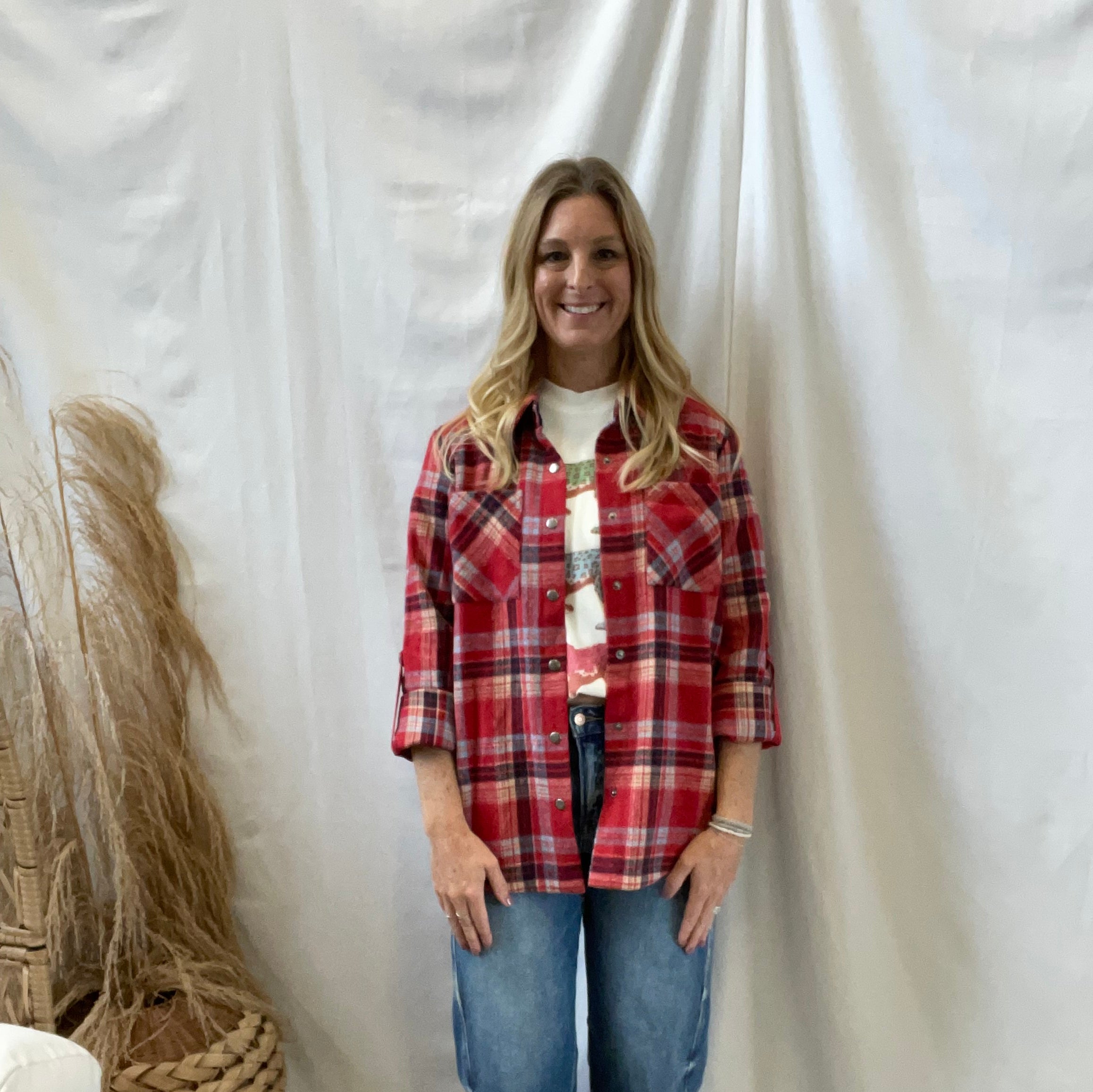 Red Plaid Button Down Shacket-Long Sleeve Tops-mystree-The Silo Boutique, Women's Fashion Boutique Located in Warren and Grand Forks North Dakota