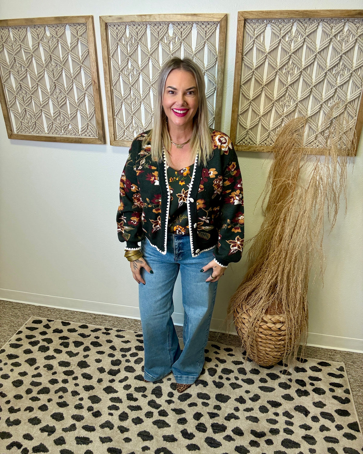 Floral Jacquard Cardigan-Green-Cardigans-skies are blue-The Silo Boutique, Women's Fashion Boutique Located in Warren and Grand Forks North Dakota