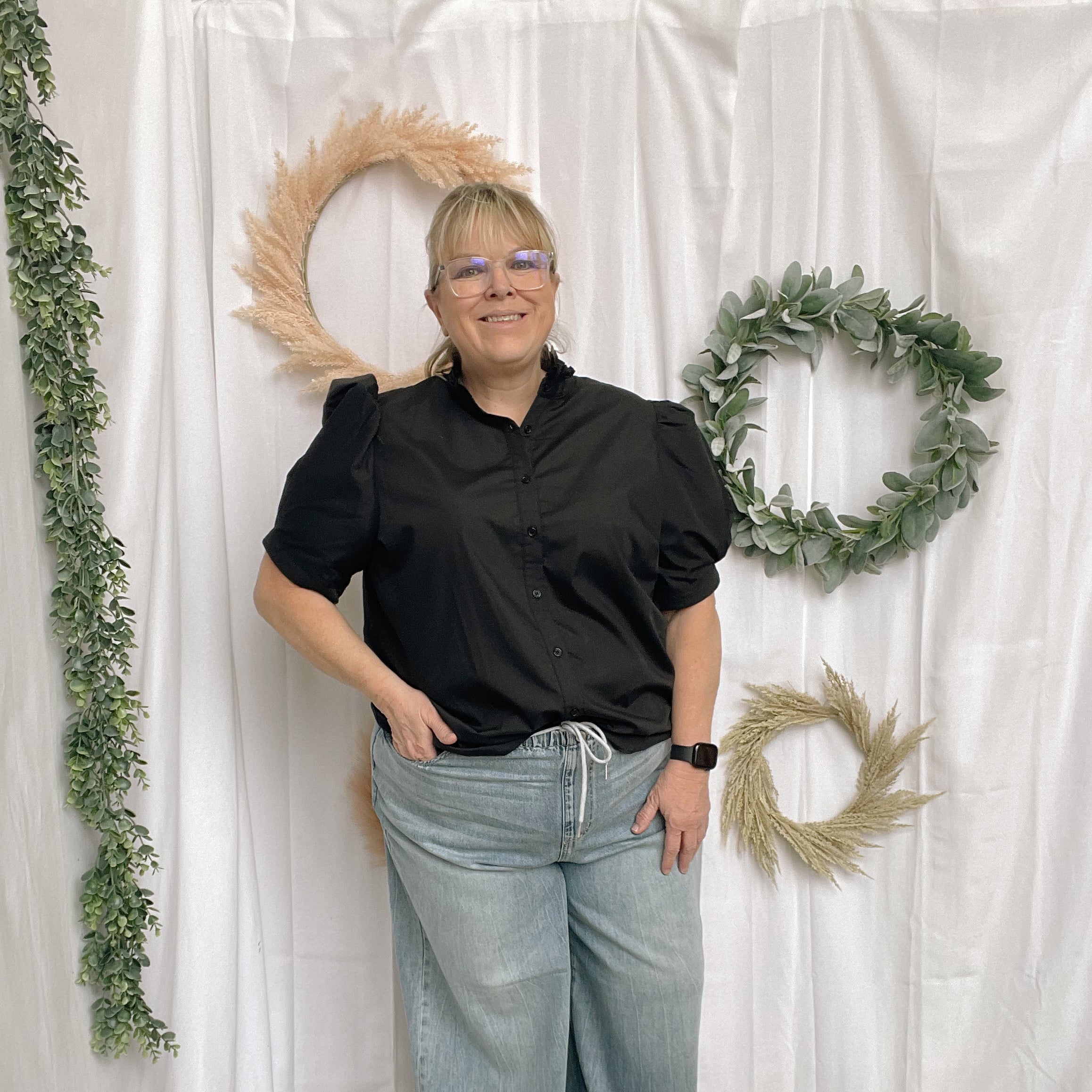 Betty Short Sleeve Button Up Top-Black-Short Sleeve Tops-ENTRO-The Silo Boutique, Women's Fashion Boutique Located in Warren and Grand Forks North Dakota