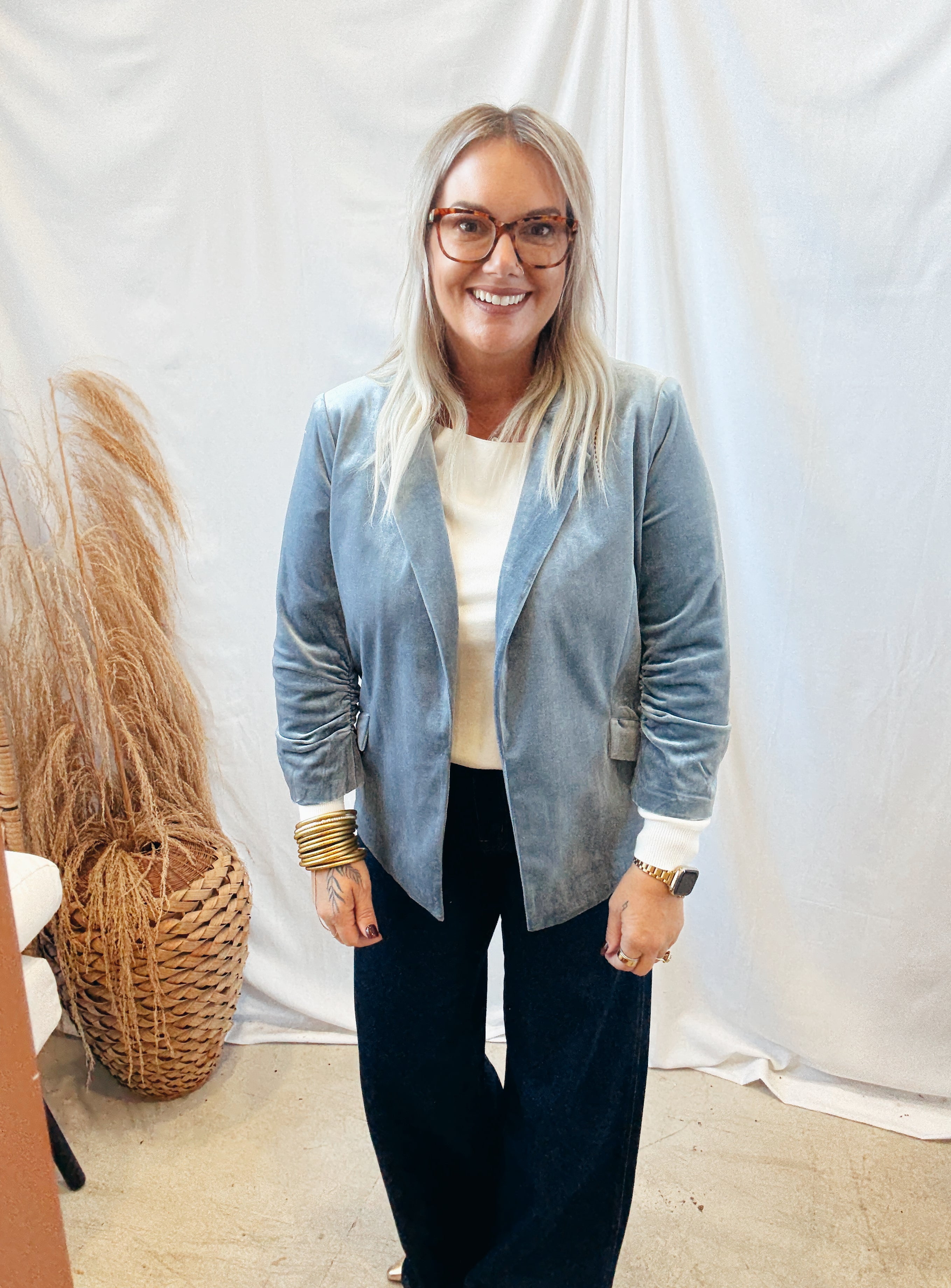 Dusty Blue Velvet Blazer-Blazers-skies are blue-The Silo Boutique, Women's Fashion Boutique Located in Warren and Grand Forks North Dakota