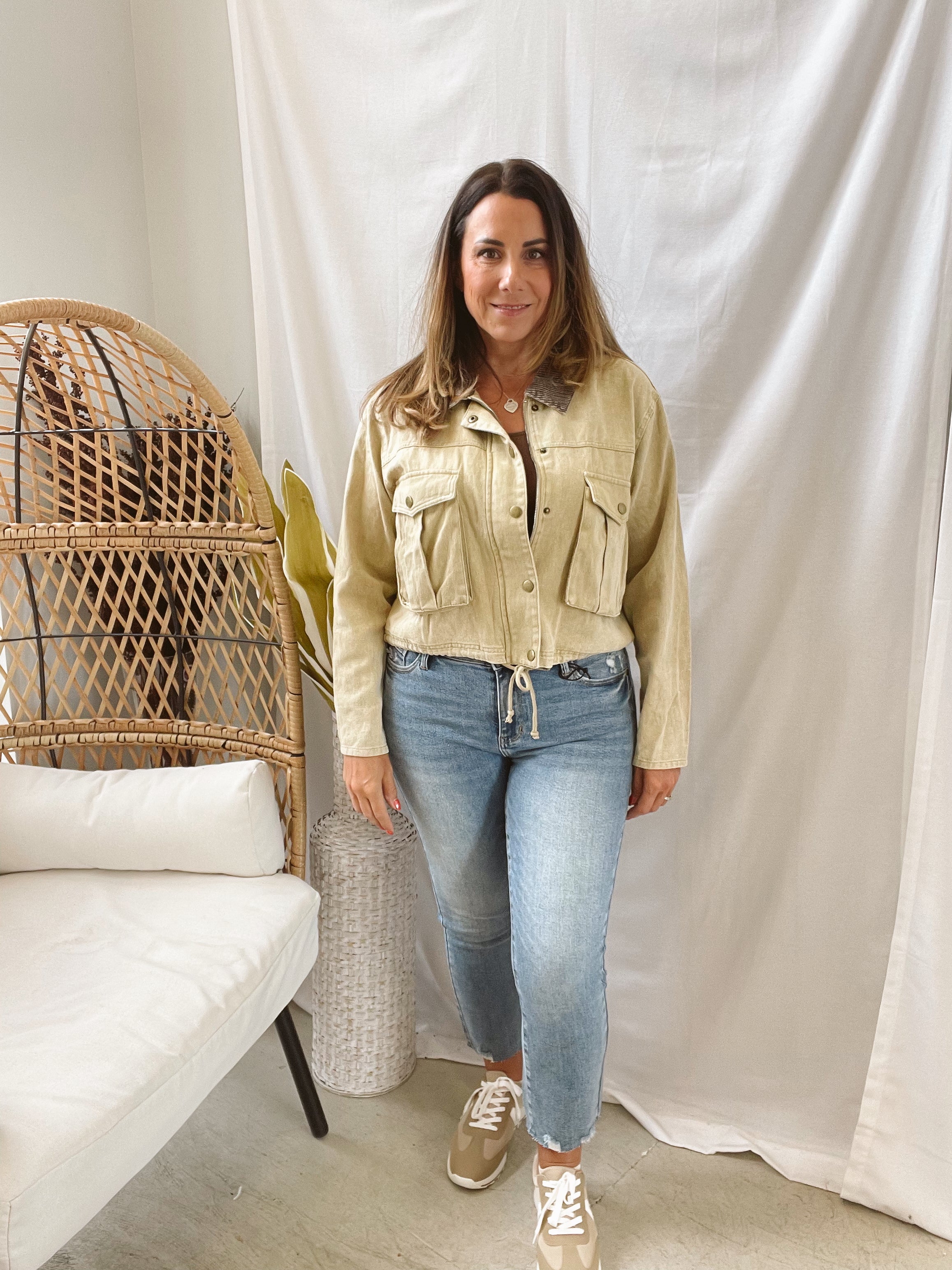 Corduroy Collar Twill Jacket-Sand-Coats & Jackets-hem and thread-The Silo Boutique, Women's Fashion Boutique Located in Warren and Grand Forks North Dakota