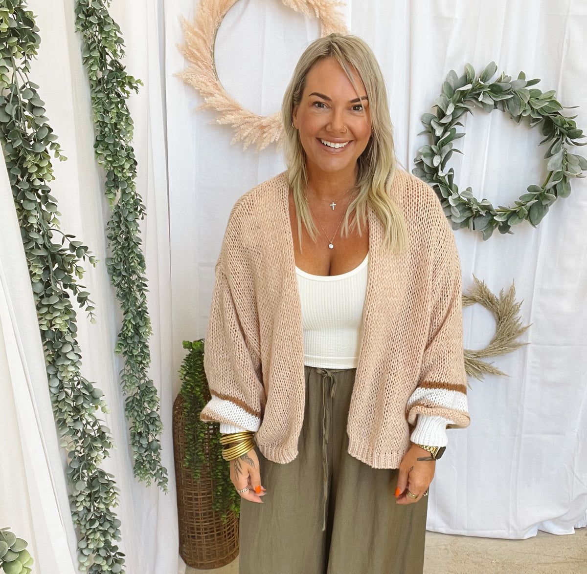 Elan Tan Stripe Sweater Cardigan-Cardigans-elan-The Silo Boutique, Women's Fashion Boutique Located in Warren and Grand Forks North Dakota