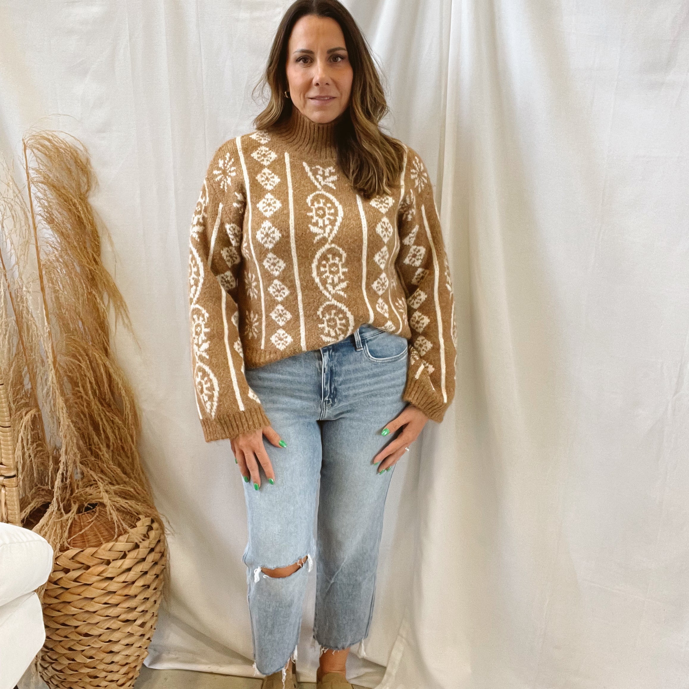 Tan Floral Mock Neck Sweater-Sweaters-promesa-The Silo Boutique, Women's Fashion Boutique Located in Warren and Grand Forks North Dakota