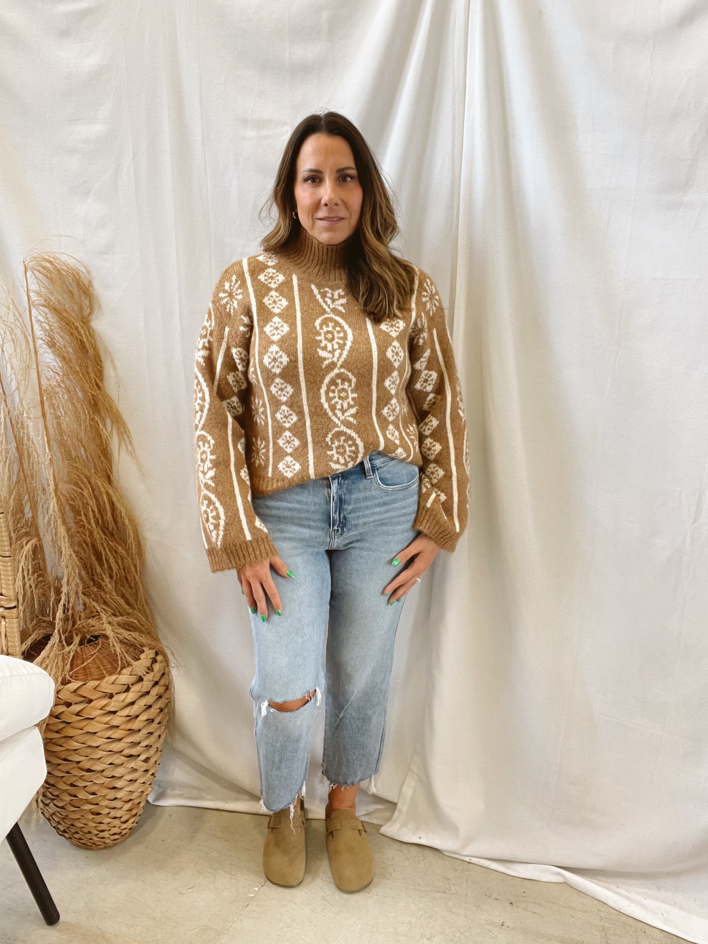 Tan Floral Mock Neck Sweater-Sweaters-promesa-The Silo Boutique, Women's Fashion Boutique Located in Warren and Grand Forks North Dakota