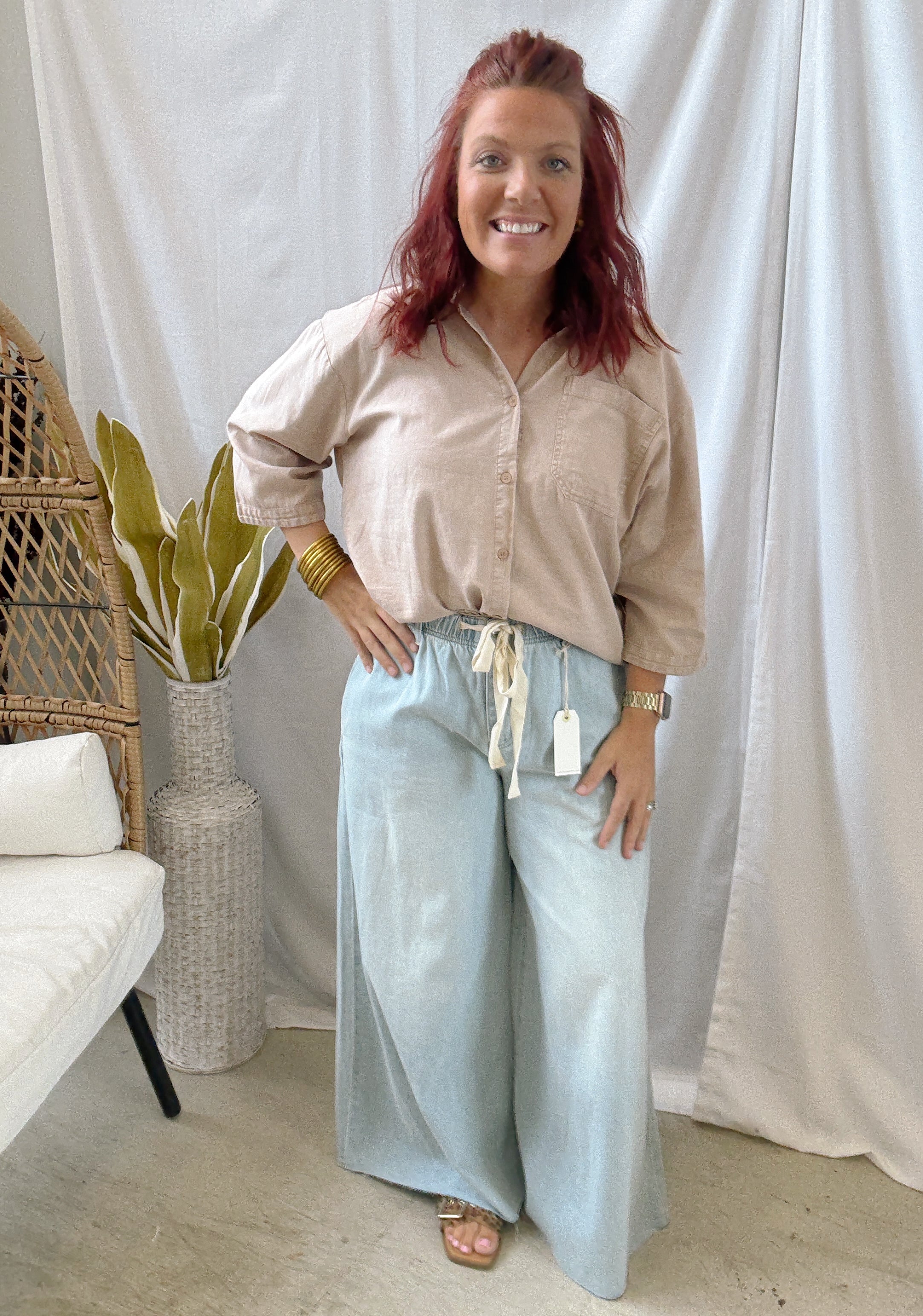 Taupe Button Down Long Sleeve Top-Final Sale-Long Sleeve Tops-hyfve-The Silo Boutique, Women's Fashion Boutique Located in Warren and Grand Forks North Dakota