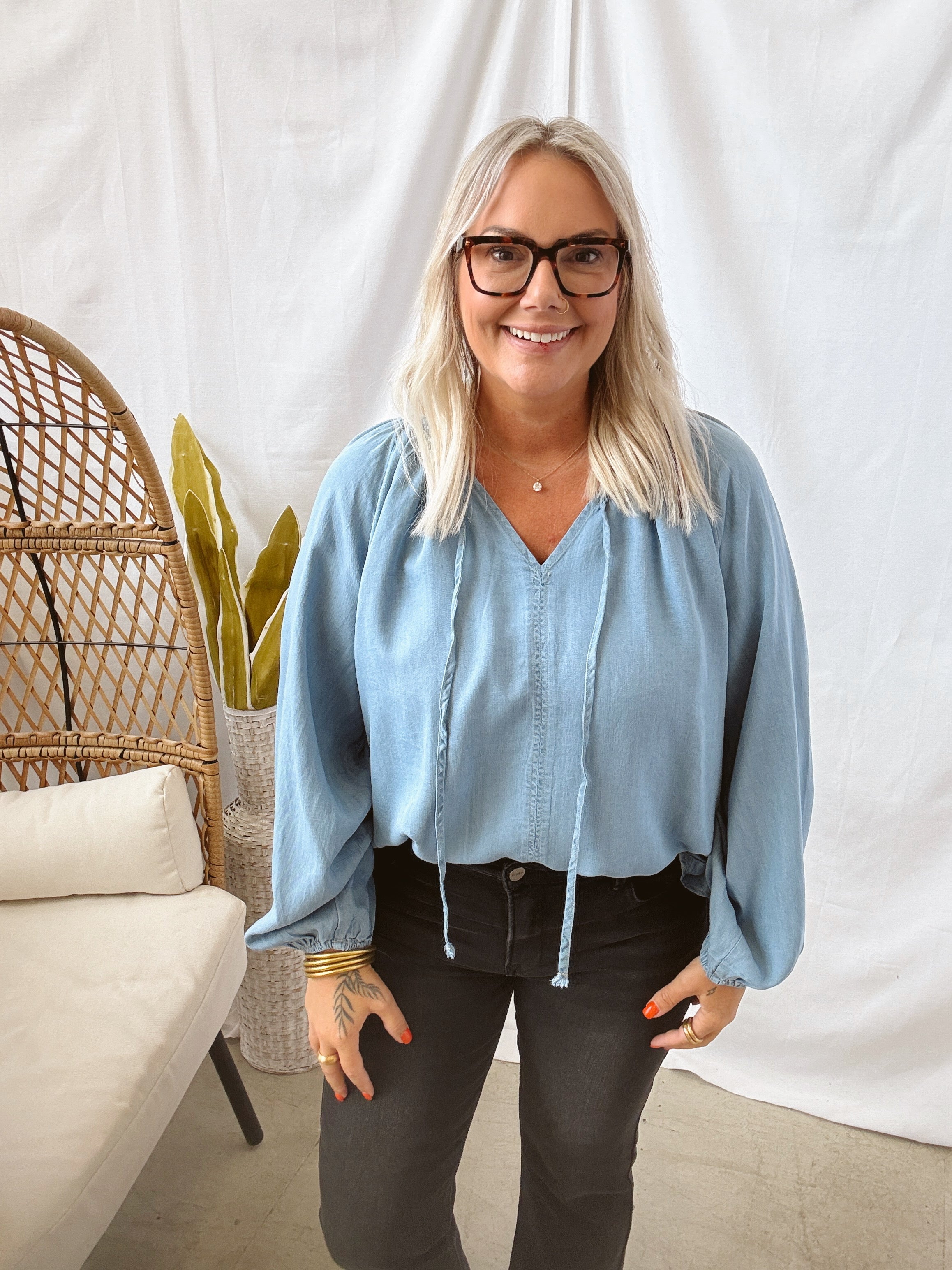 Easy Denim Chambray Top-Long Sleeve Tops-easel-The Silo Boutique, Women's Fashion Boutique Located in Warren and Grand Forks North Dakota