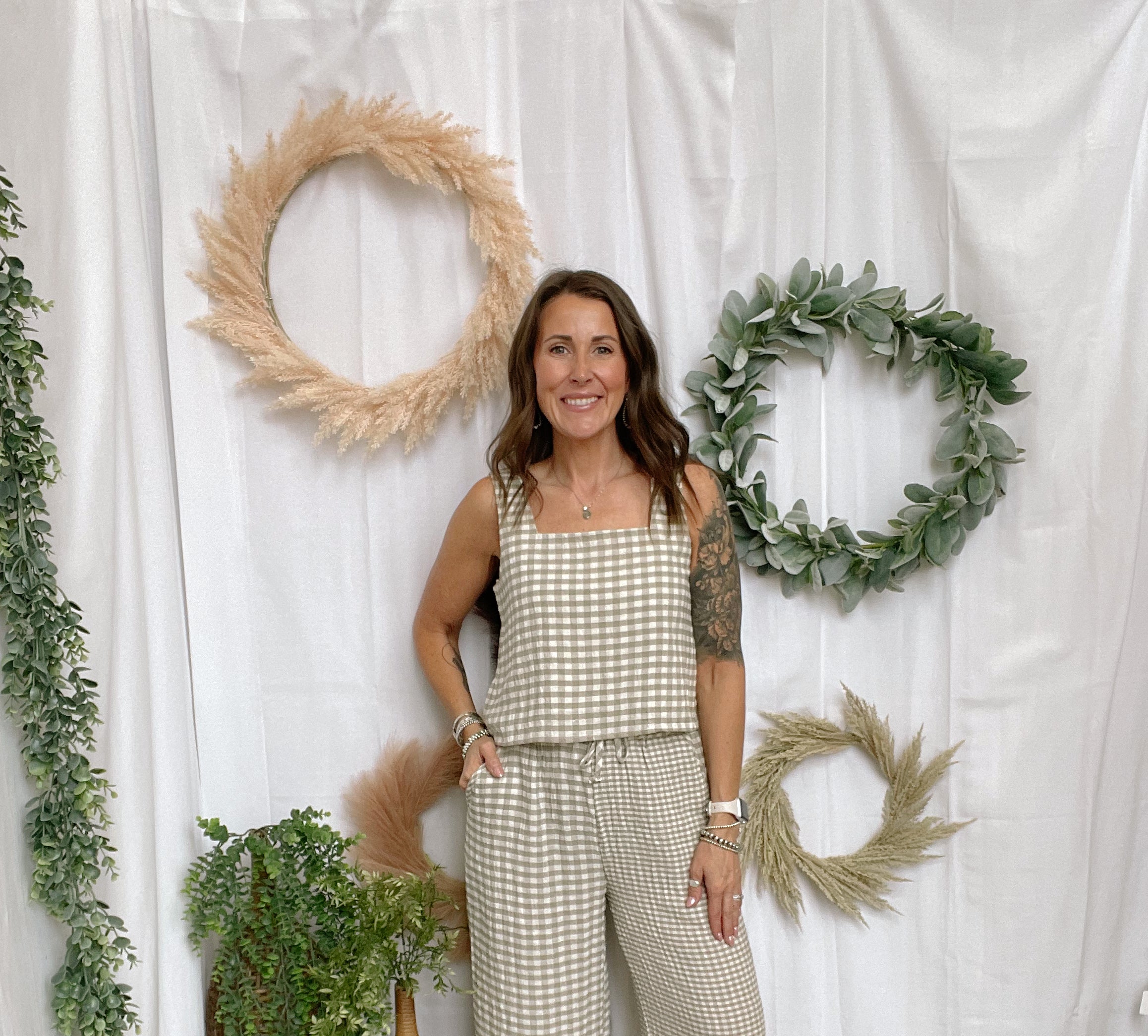 Gingham Pants-Taupe-Tank Tops-miou muse-The Silo Boutique, Women's Fashion Boutique Located in Warren and Grand Forks North Dakota